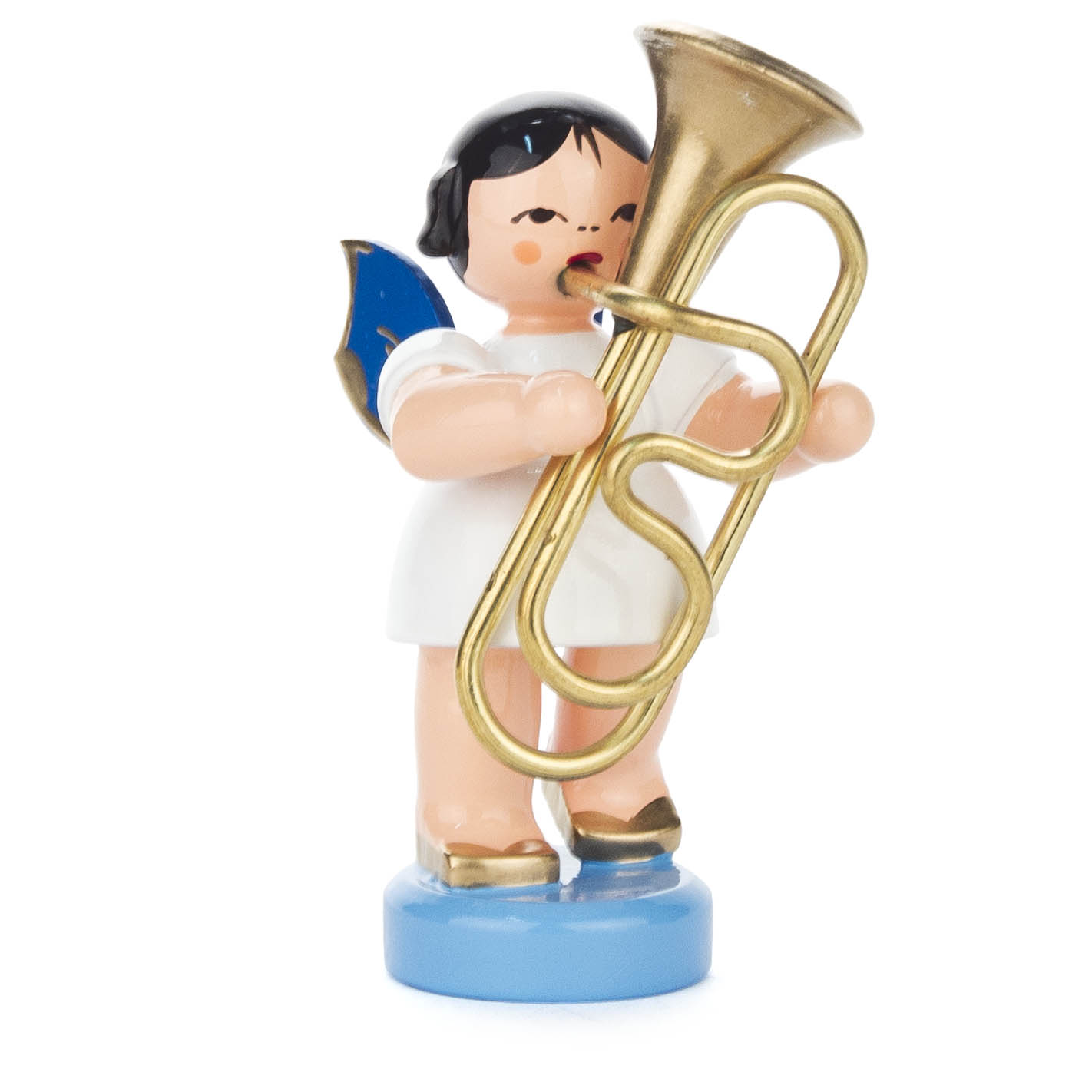 Figur eines Engels in weißem Gewand, mit blauen Flügeln und einer goldenen Tuba spielend. im Dregeno Online Shop günstig kaufen