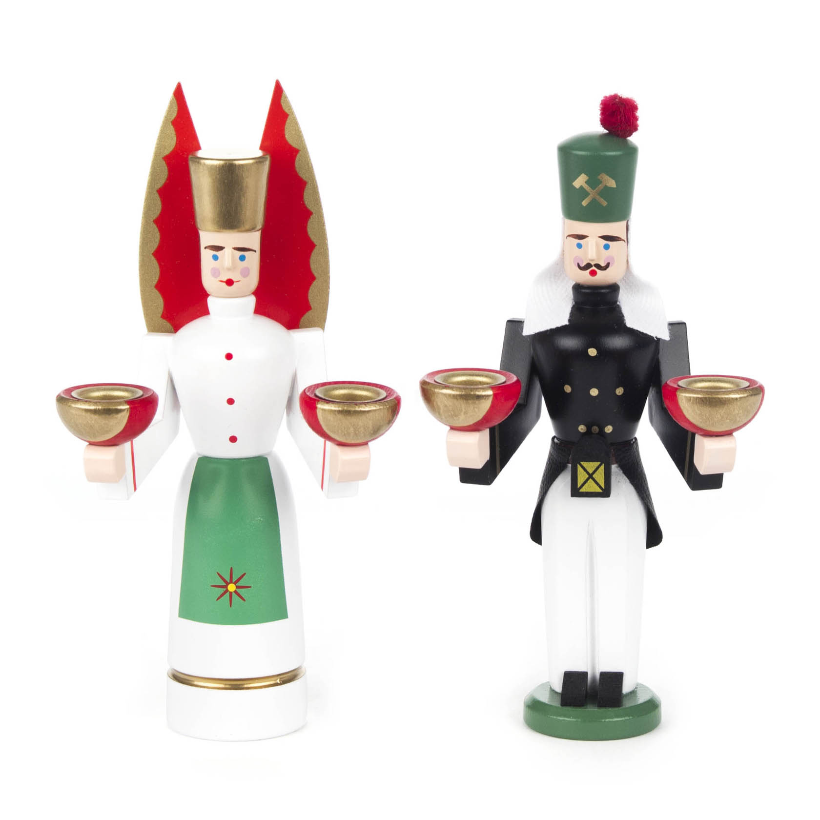A wooden angel and miner figurine, both holding candle holders. The angel has red wings and a white-green dress, while the miner is in a black uniform. im Dregeno Online Shop günstig kaufen