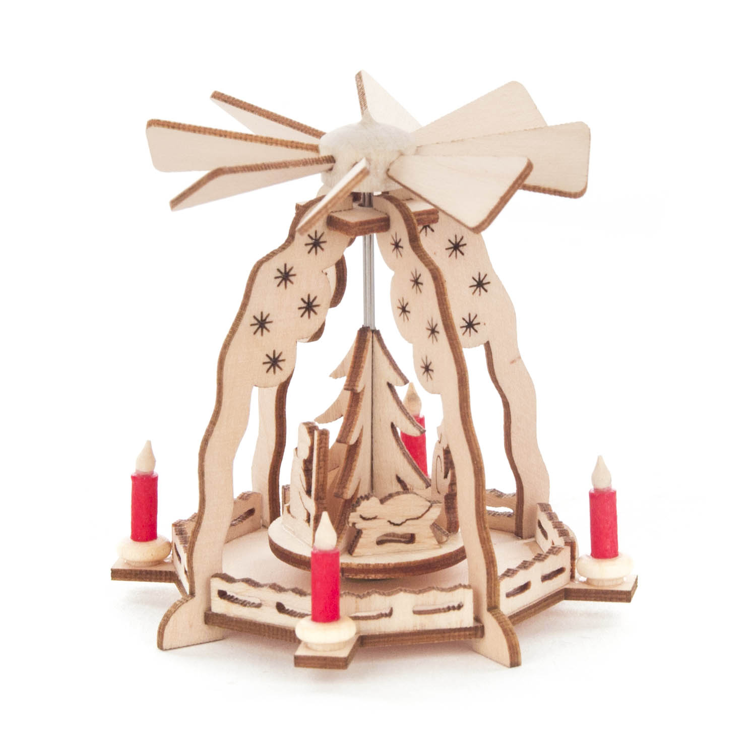 Holz-Wärmespiel mit Christi Geburt, vier roten Kerzen und einem sich drehenden Windrad; Figuren der Weihnachtsgeschichte darunter. im Dregeno Online Shop günstig kaufen