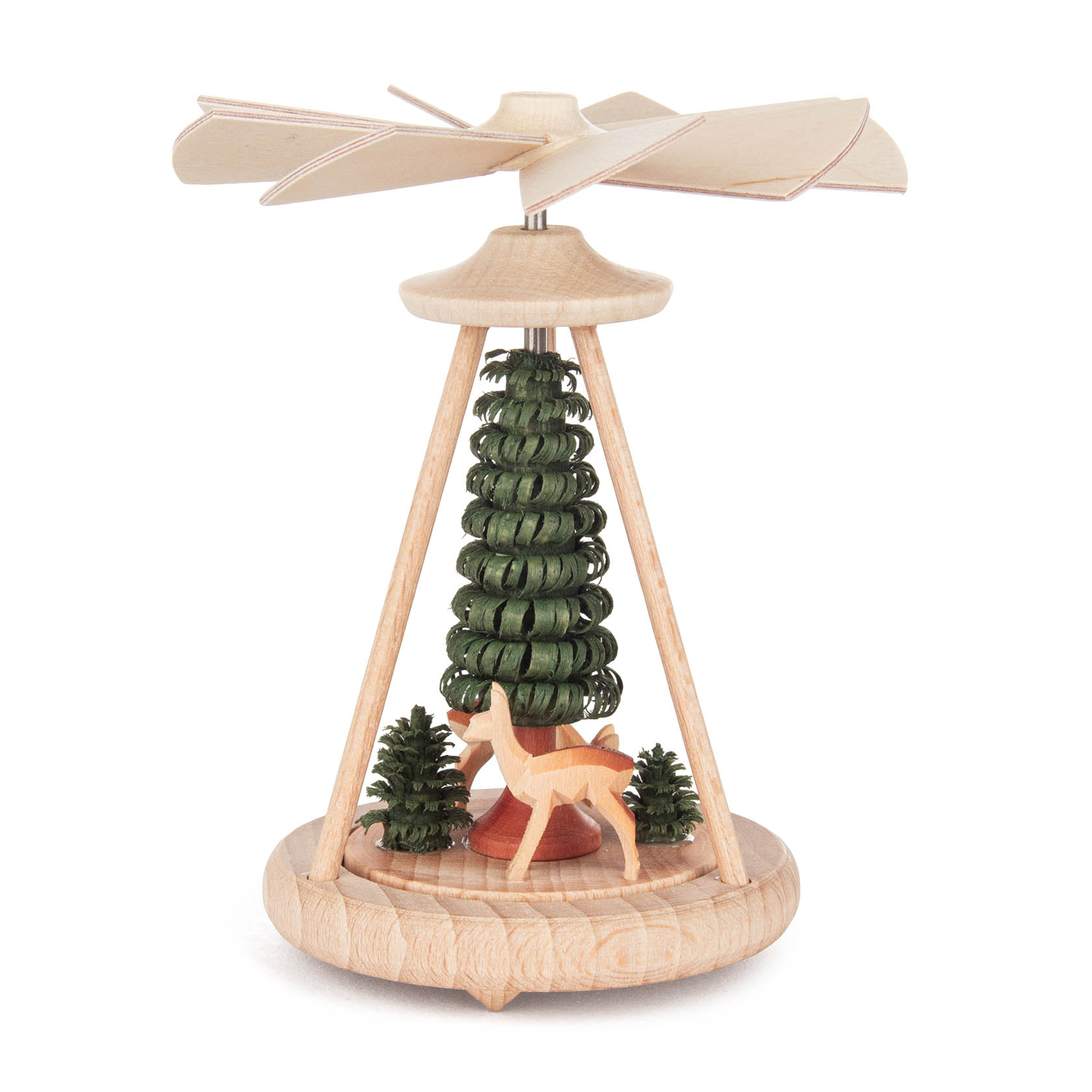 Holzpyramide mit sich drehenden Kerzenwärmespiel, zeigt Rehe und Tannenbaum in der Mitte. im Dregeno Online Shop günstig kaufen