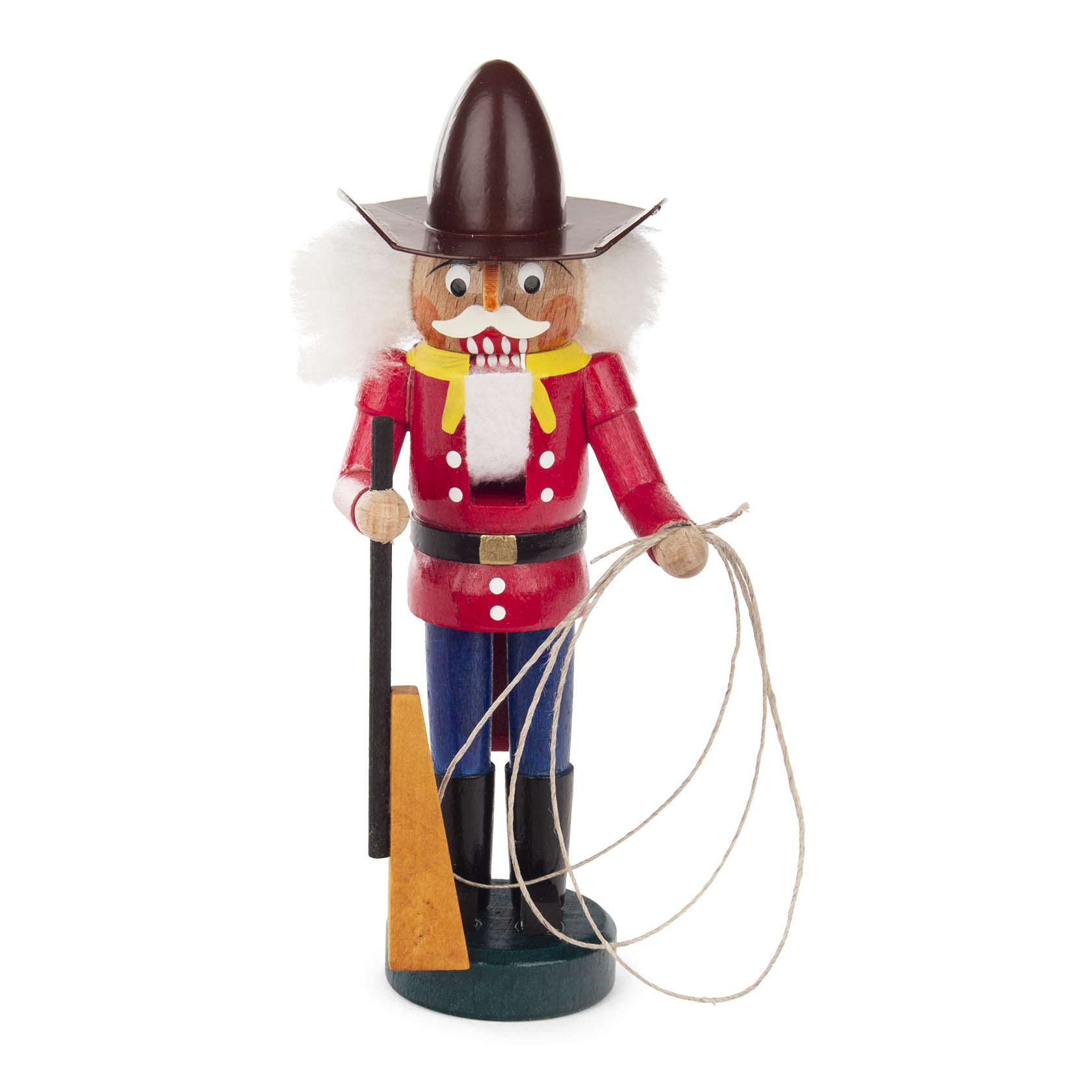 Ein Miniatur-Nussknacker in Cowboy-Outfit mit roter Jacke, blauen Hosen und braunem Hut. Er hält ein Seil und ein Gewehr in den Händen. im Dregeno Online Shop günstig kaufen