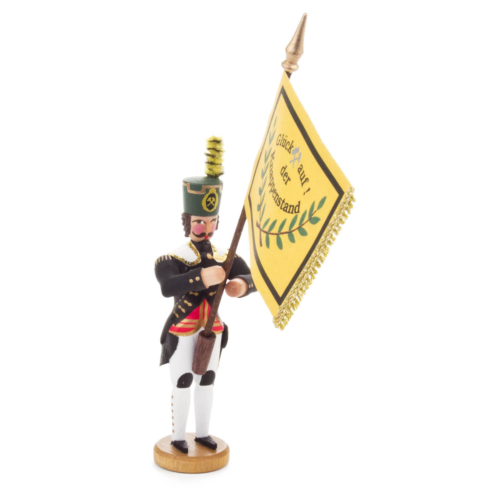 Holzfigur eines Bergmanns in traditioneller Bergmannsuniform mit grüner Mütze und goldener Feder, der eine gelbe Knappschaftsfahne mit Aufschrift hält. im Dregeno Online Shop günstig kaufen