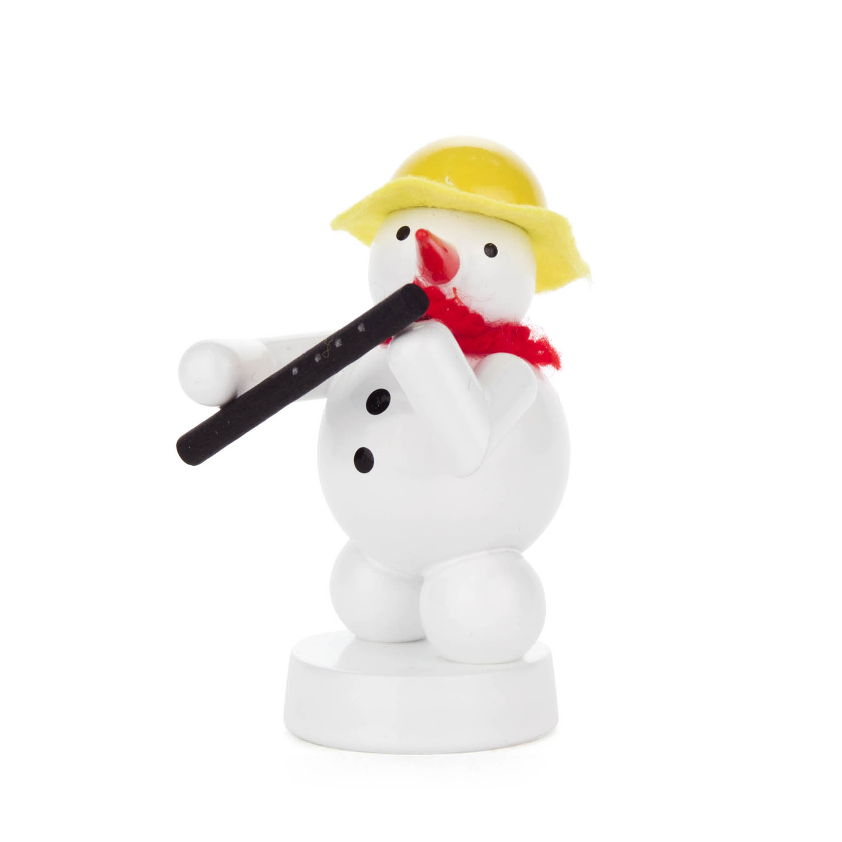 Eine kleine Schneemannfigur mit gelbem Hut und rotem Schal hält eine schwarze Oboe in den Händen und spielt darauf. im Dregeno Online Shop günstig kaufen