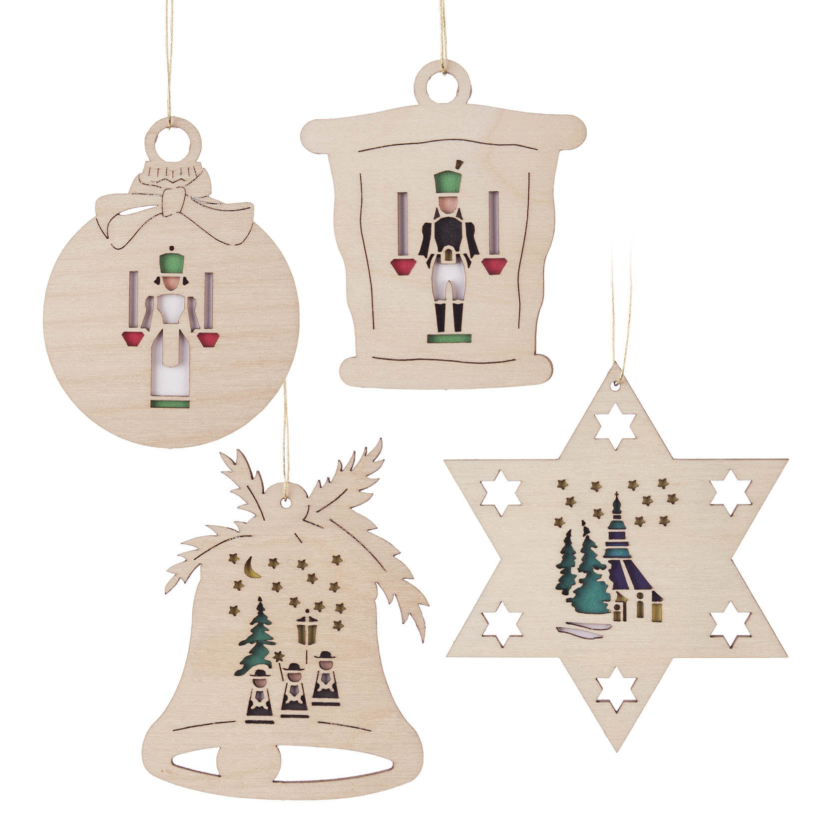 Vier aus Holz gefertigte Weihnachtsanhänger in Form eines Sterns, einer Glocke, einer Kugel und einer würdevoll gekleideten Figur, typisch für Erzgebirge. im Dregeno Online Shop günstig kaufen