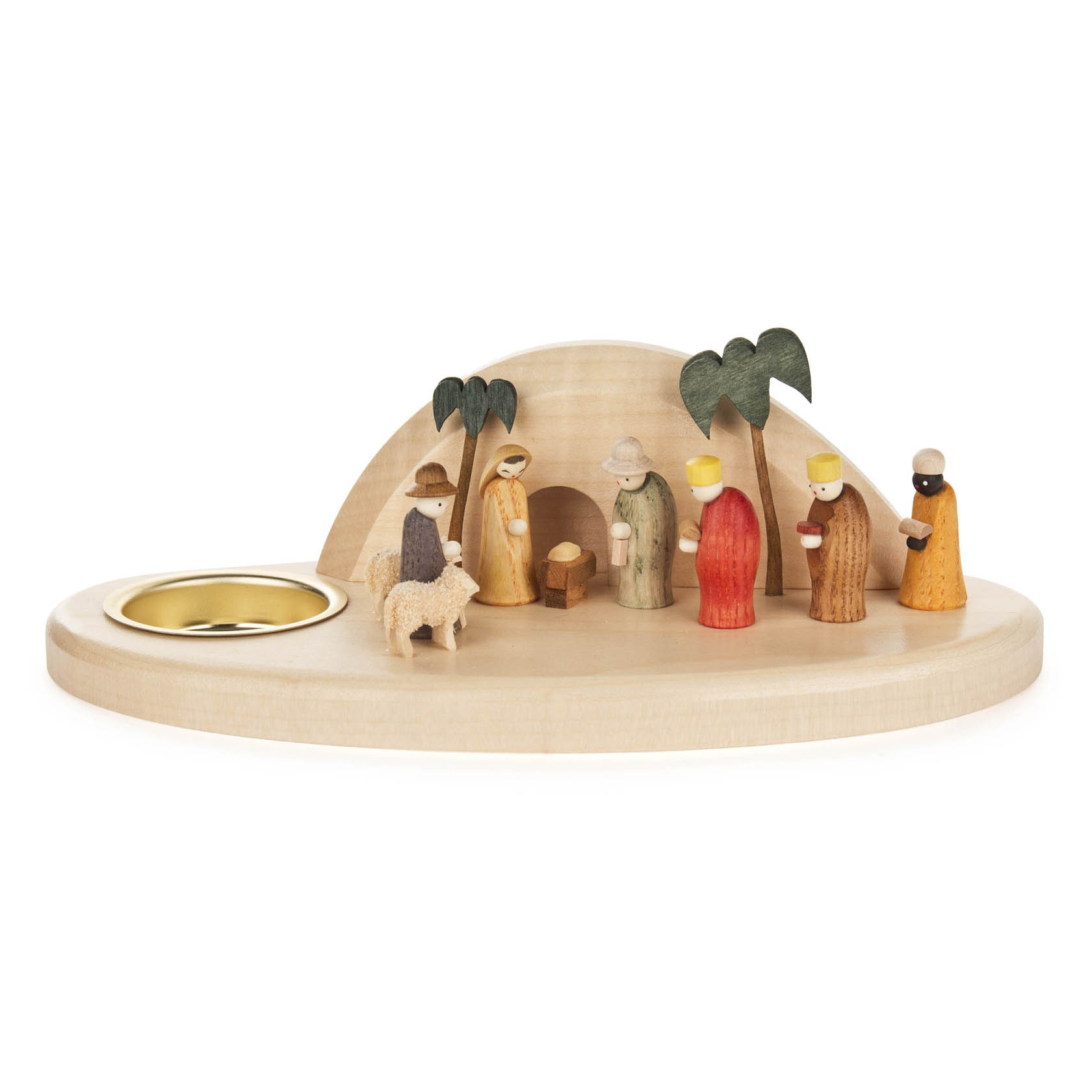 Miniaturkrippe aus Holz mit Figuren der Heiligen Familie, den drei Weisen, einem Schaf und einem Teelichthalter, auf ovaler Basis mit Hintergrundkulisse. im Dregeno Online Shop günstig kaufen