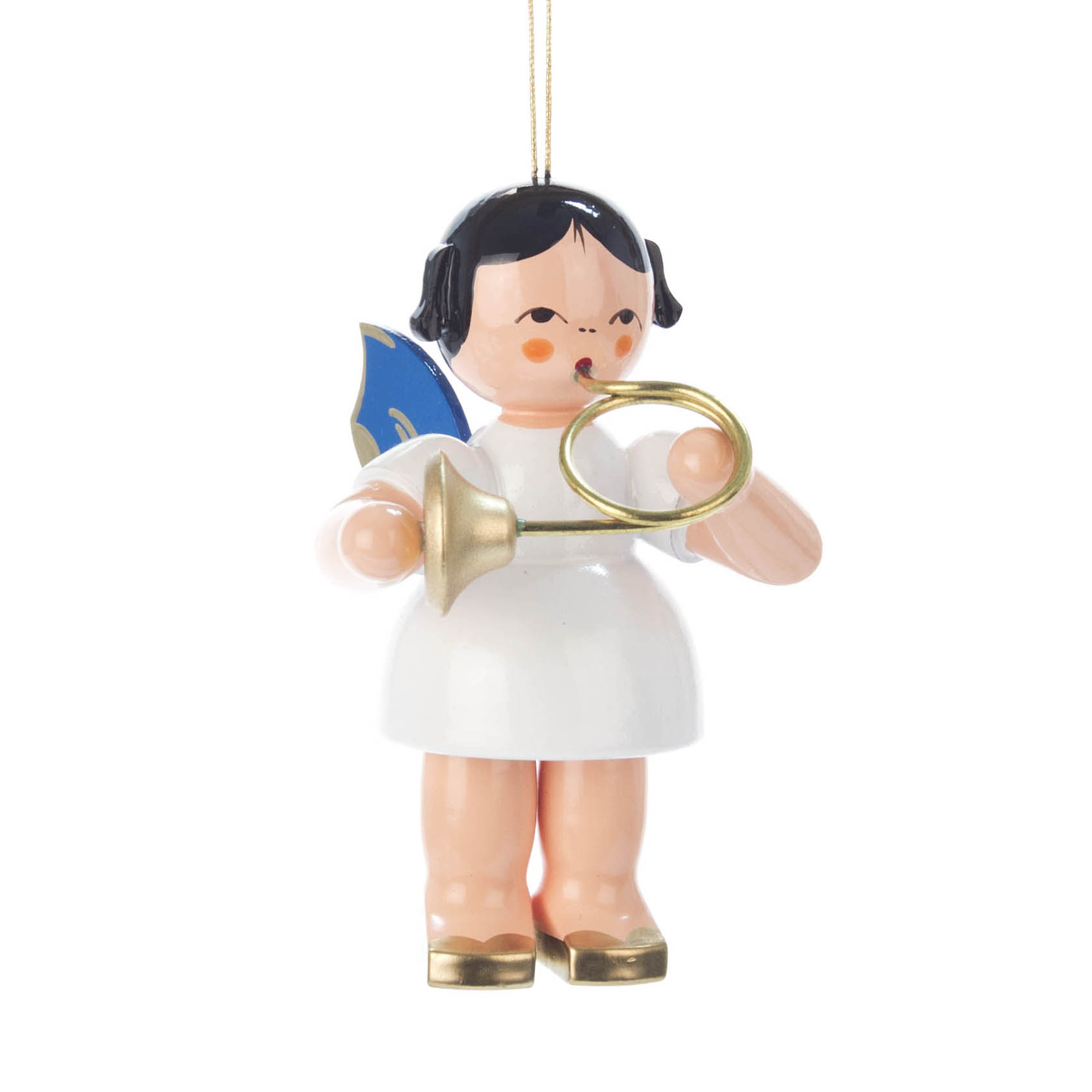 Engel-Figur mit schwarzem Haar, blauen Flügeln, trägt ein weißes Kleid und spielt ein goldenes Waldhorn. im Dregeno Online Shop günstig kaufen