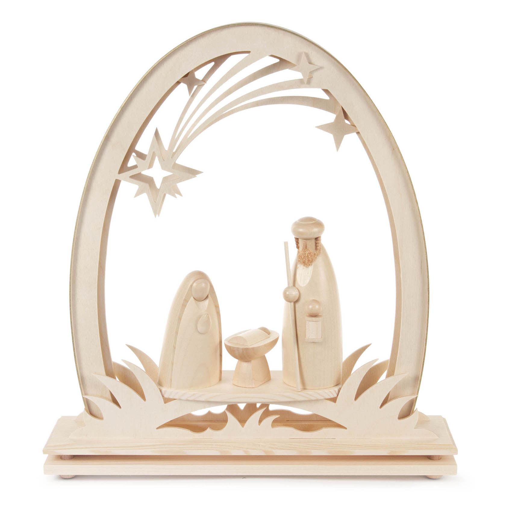 Erzgebirgsbogen aus Holz mit beleuchteter Christi Geburt Szene und Sternschnuppe in Form von filigranen Schnitzereien. im Dregeno Online Shop günstig kaufen