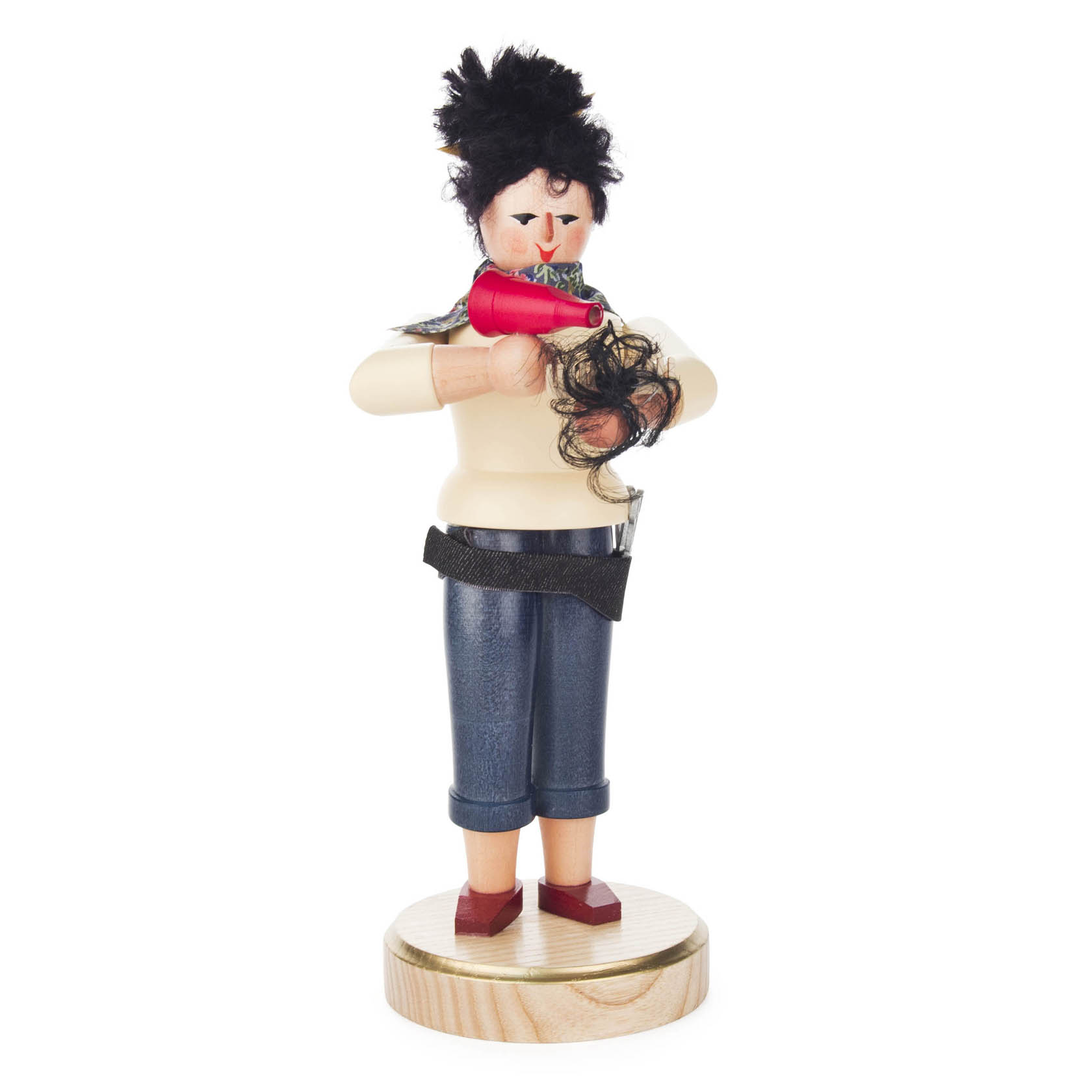 Holzfigur einer Frau als Friseurin mit schwarzem Haar, die einen Föhn hält und eine Schere in der Hand hat, wobei sie eine Haarsträhne schneidet. im Dregeno Online Shop günstig kaufen