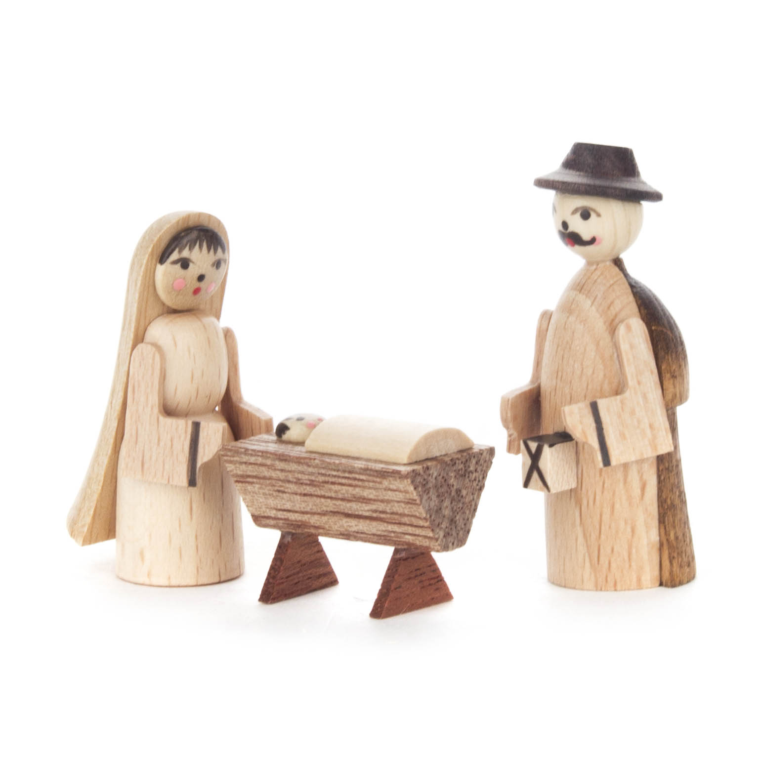 Drei Holzkreuzfiguren: Maria, Josef und das Jesuskind in der Krippe. Maria und Josef tragen traditionelle Kleidung, das Kind liegt in einer Krippe. im Dregeno Online Shop günstig kaufen