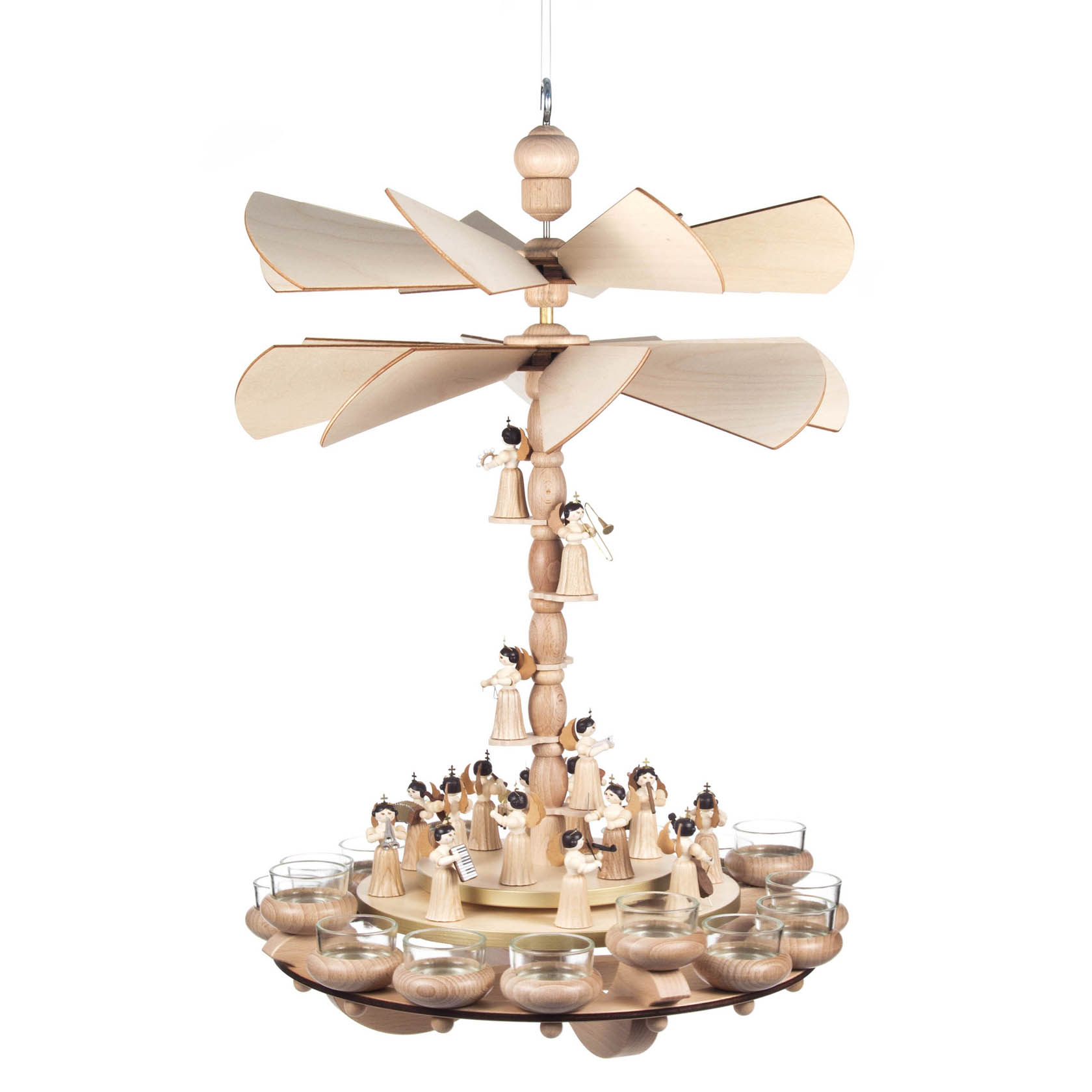 Hängepyramide mit zwei Ebenen, darauf stehen mehrere Engel-Figuren, zwei große Flügelräder oben, geeignet für Teelichte. im Dregeno Online Shop günstig kaufen