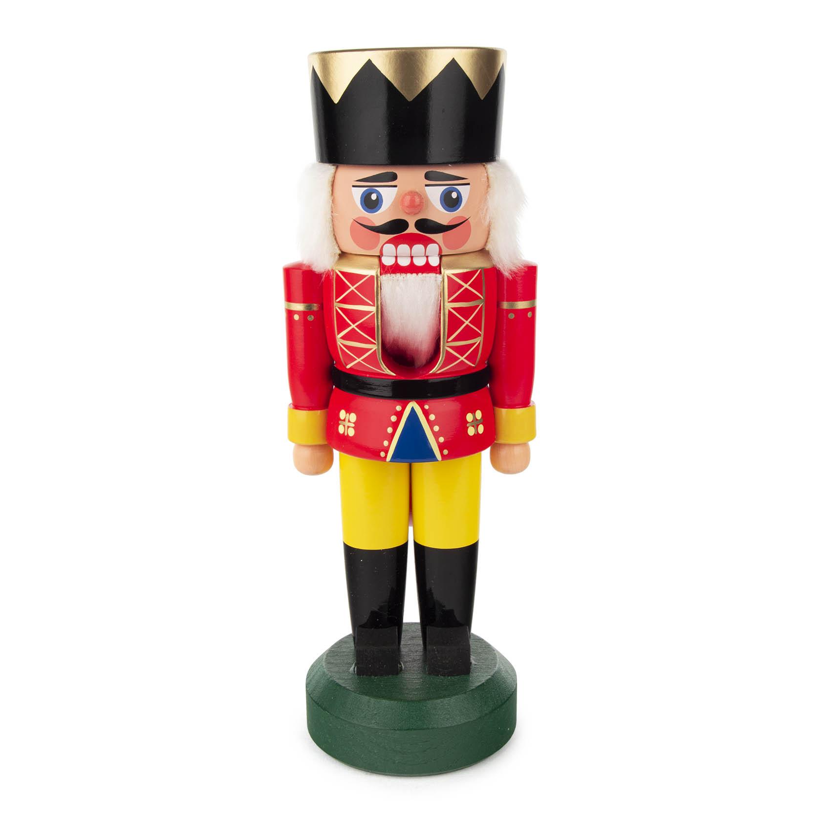 Red and yellow Nutcracker King with a black crown and white hair, standing on a green base, measuring 21cm in height. im Dregeno Online Shop günstig kaufen