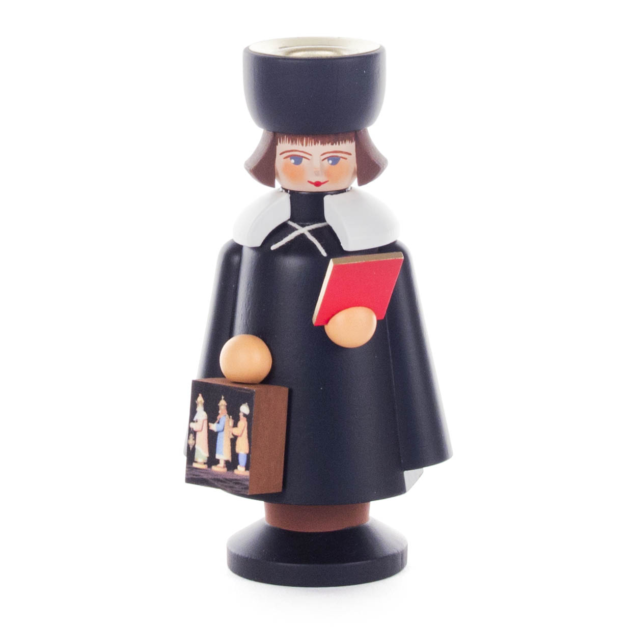 Holz-Kurrendefigur in schwarzem Gewand mit Laterne und rotem Buch, geformt als Kerzenhalter. Die Figur trägt eine schwarze Mütze. im Dregeno Online Shop günstig kaufen