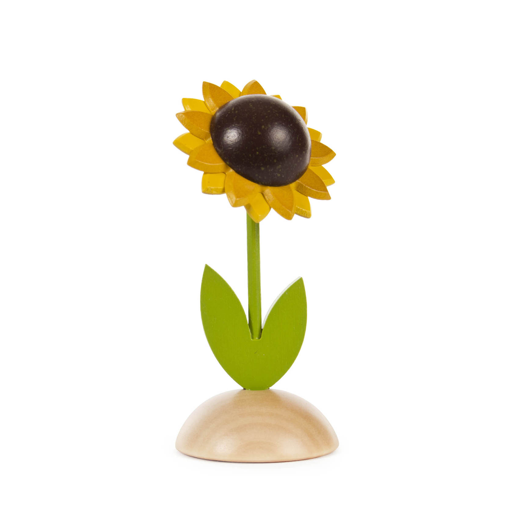 Ein dekoratives Element einer Sonnenblume aus Holz, mit gelben Blütenblättern und einem dunkelbraunen Zentrum, auf einem grünen Stiel und Holzsockel. im Dregeno Online Shop günstig kaufen