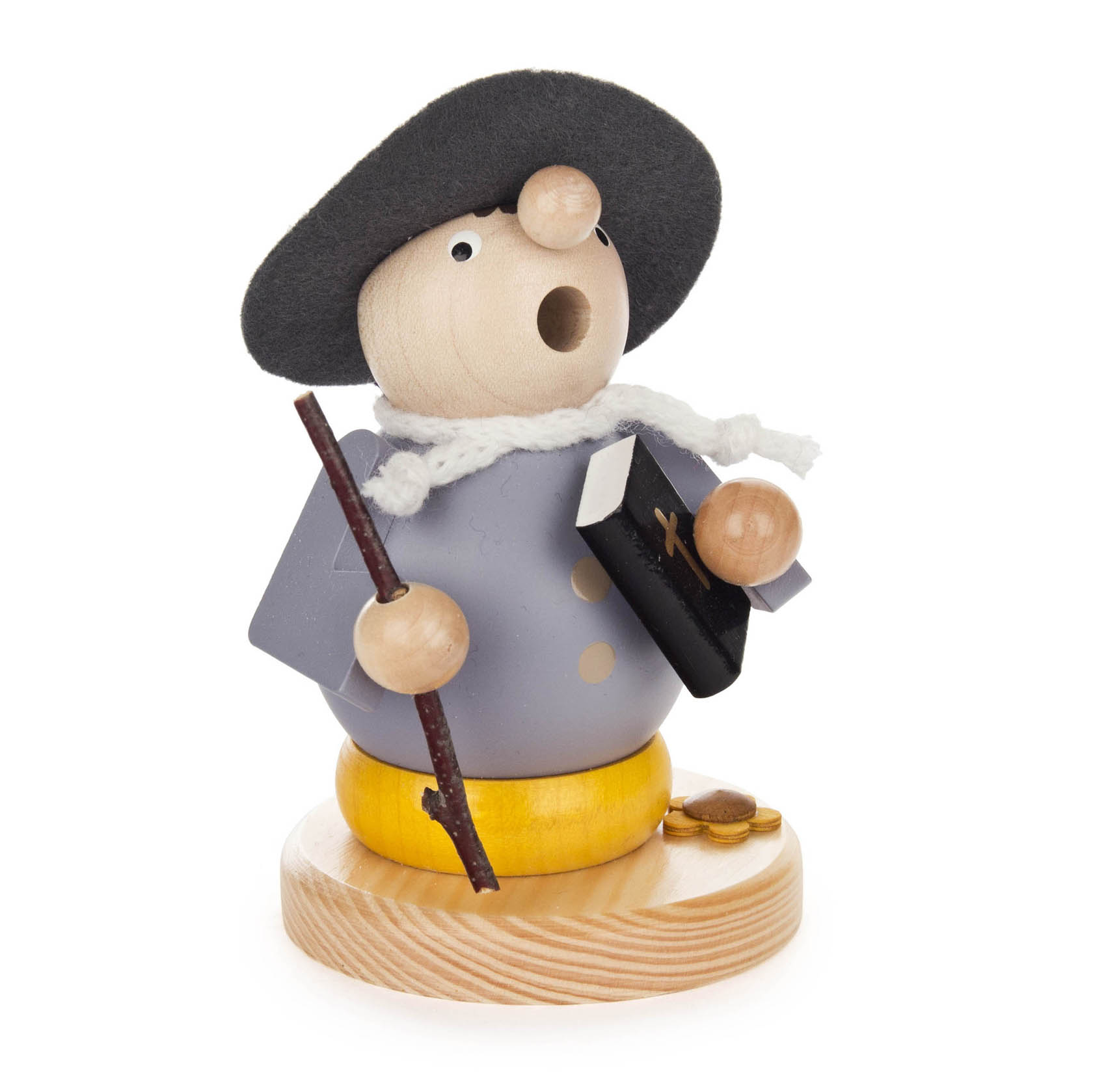 Holzfigur eines Räuchermännchens mit schwarzem Hut, grauem Mantel, Bibel in der rechten Hand und Stock in der linken Hand. im Dregeno Online Shop günstig kaufen