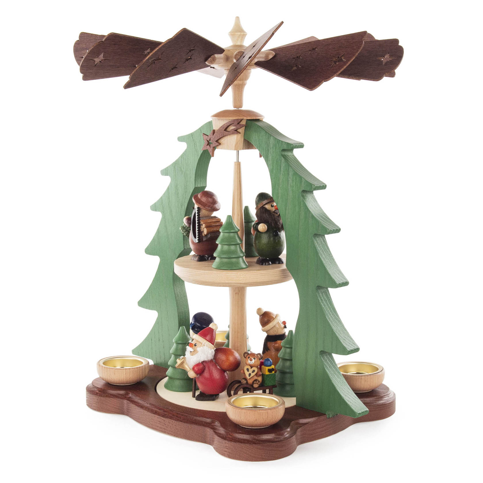 Bunte, zweistöckige Weihnachtspyramide aus Holz mit Platz für Teelichte, verziert mit Figuren wie Weihnachtsmann, Schornsteinfeger und Baum.
