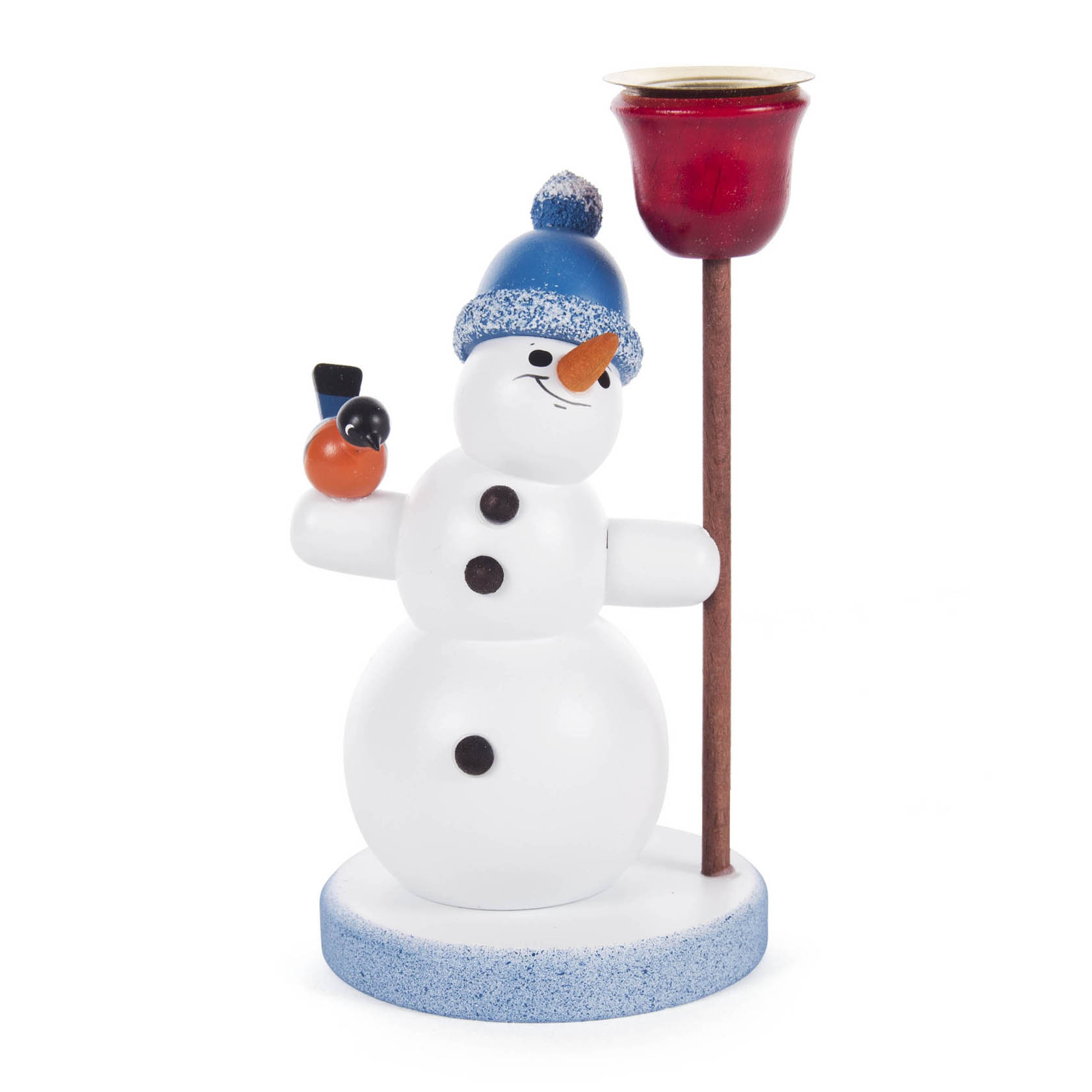 Holzschneemann mit blauer Pudelmütze hält eine Pfeife und einen Kerzenhalter für eine 14mm Kerze.