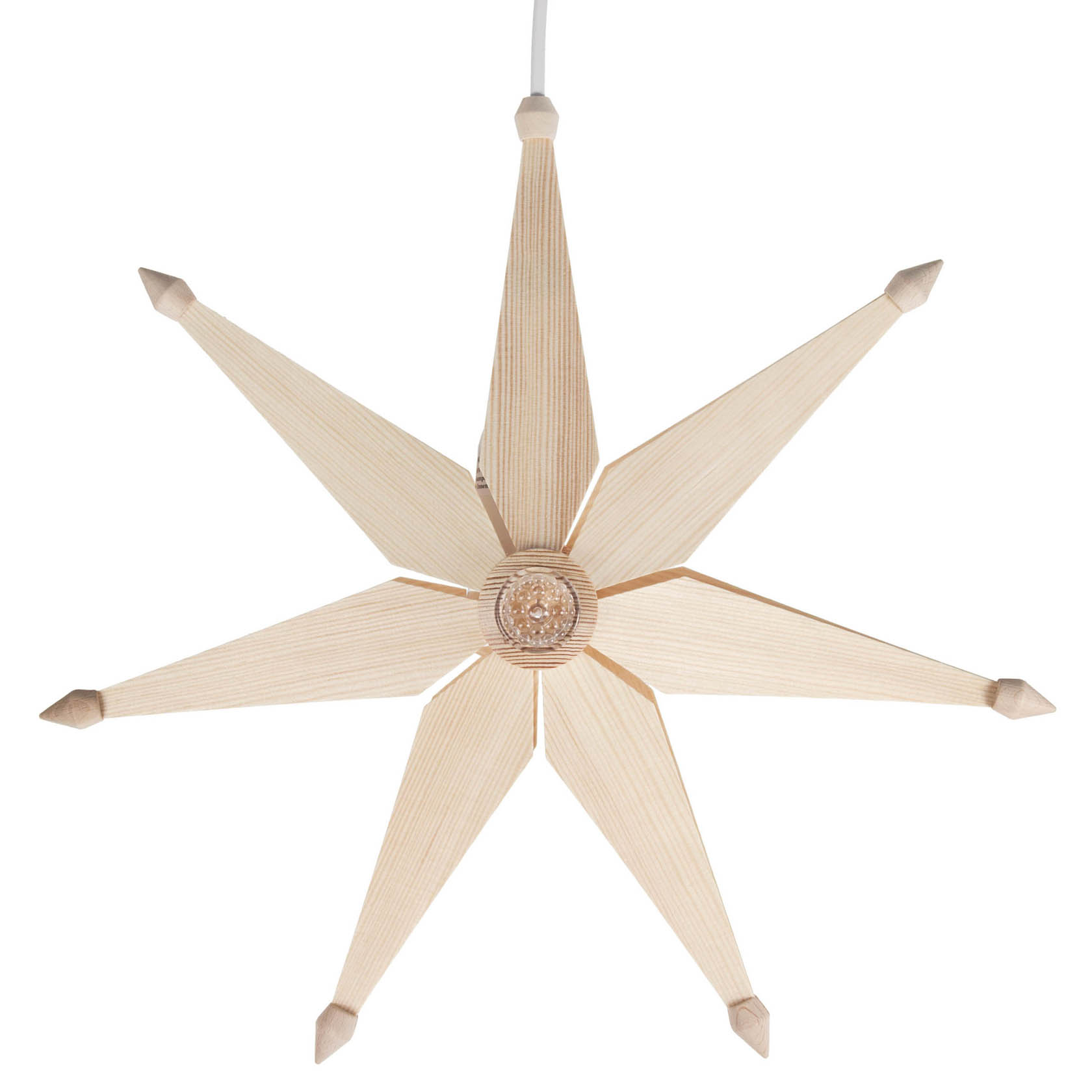 Ein natürlicher, einfacher Weihnachtsstern mit sieben Spitzen und elektrischer Beleuchtung, aus hellem Holzmaterial gefertigt. im Dregeno Online Shop günstig kaufen