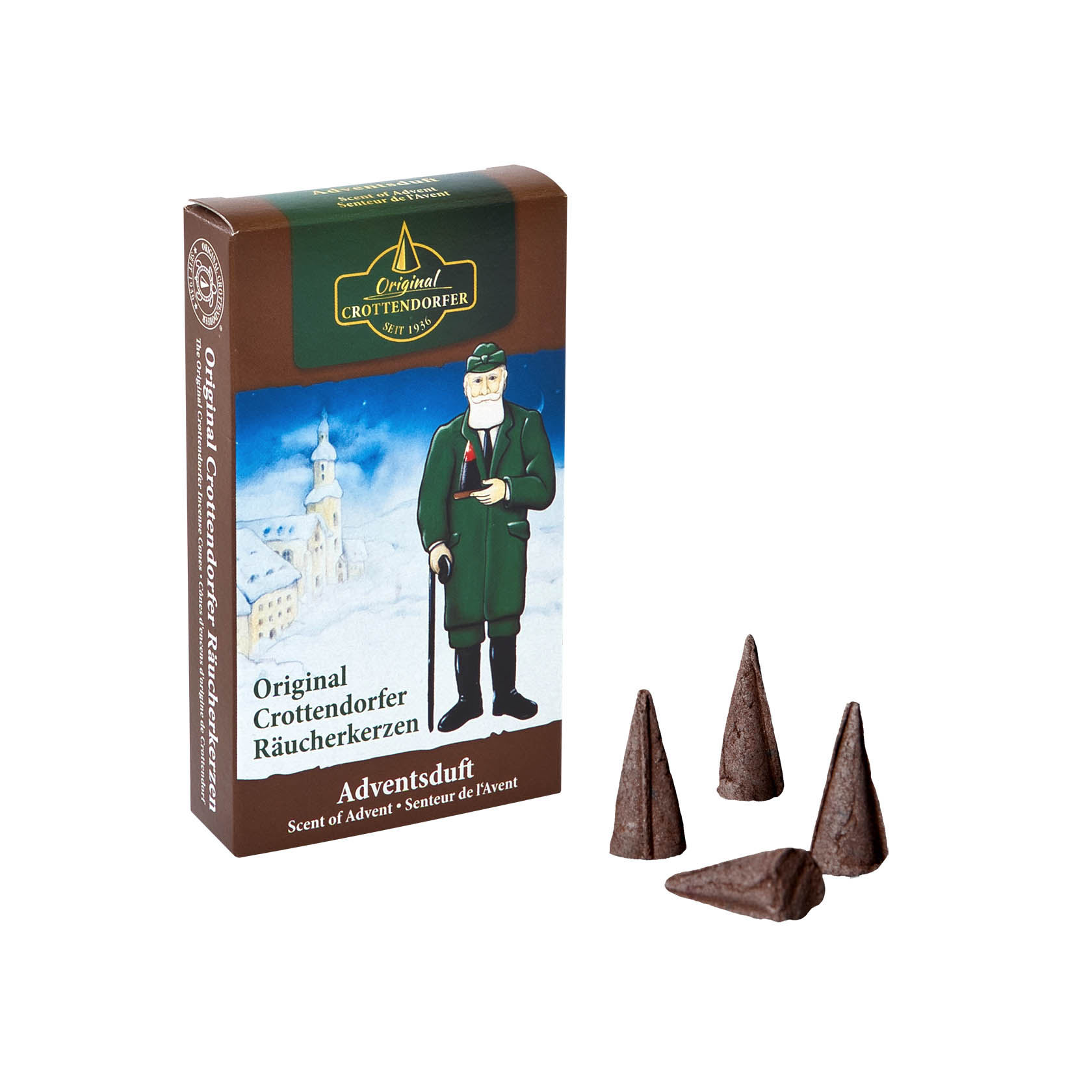 Eine Schachtel Crottendorfer Räucherkerzen, darauf ein Mann in traditioneller Kleidung. Vor der Schachtel sind angezündete Räucherkerzen sichtbar. im Dregeno Online Shop günstig kaufen