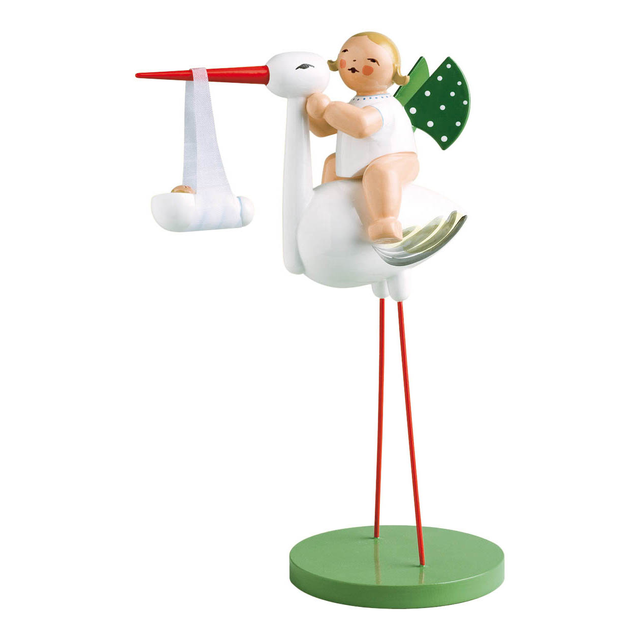 Eine Figur eines Storchs mit einem Wickelkind und einem Engel. Der Engel sitzt auf dem Rücken des Storchs. Der Storch trägt das Wickelkind im Schnabel. im Dregeno Online Shop günstig kaufen