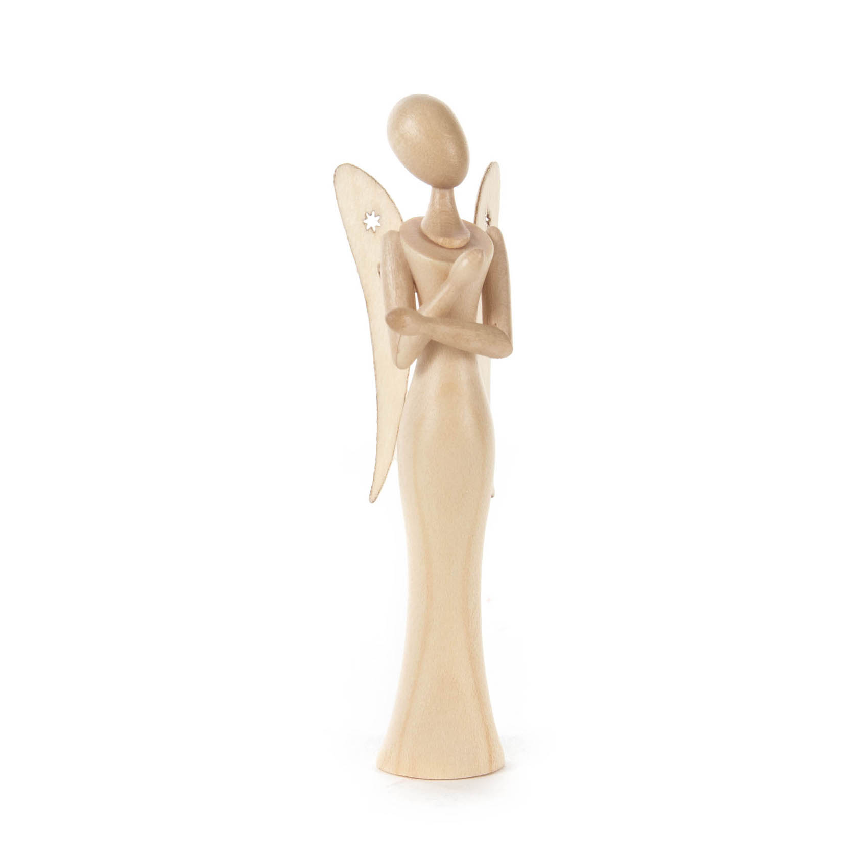 Eine 8 cm hohe Mini Engel Figur aus Ahornholz, mit einem stilisierten Körper ohne Gesichtszüge, gekreuzten Armen und zarten Flügeln. im Dregeno Online Shop günstig kaufen