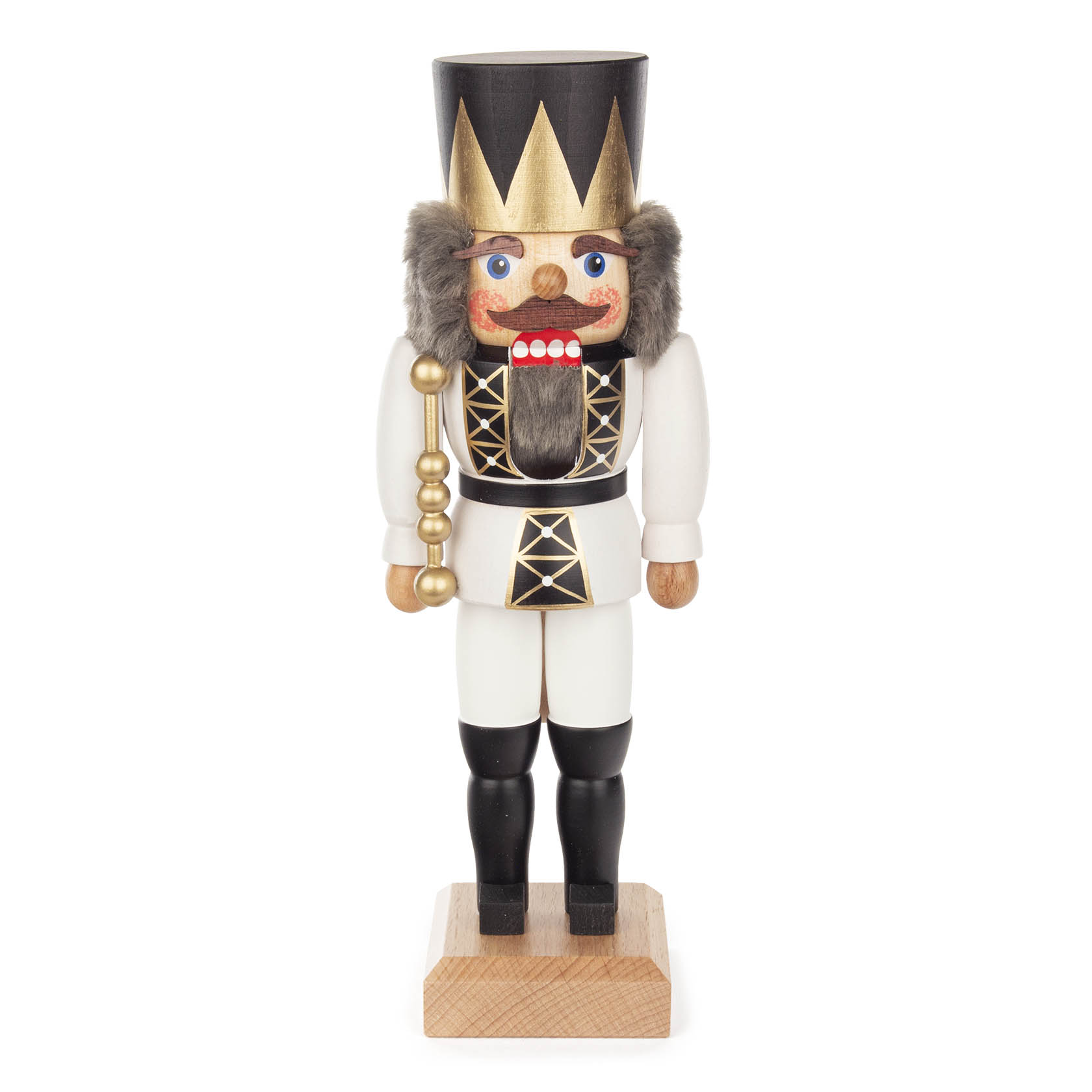 Ein 27cm großer Nussknacker in Form eines Königs, der weiß lasiert ist. Er trägt eine schwarze Mütze, Krone, weiß-goldene Rüstung und hält einen goldenen Stab. im Dregeno Online Shop günstig kaufen