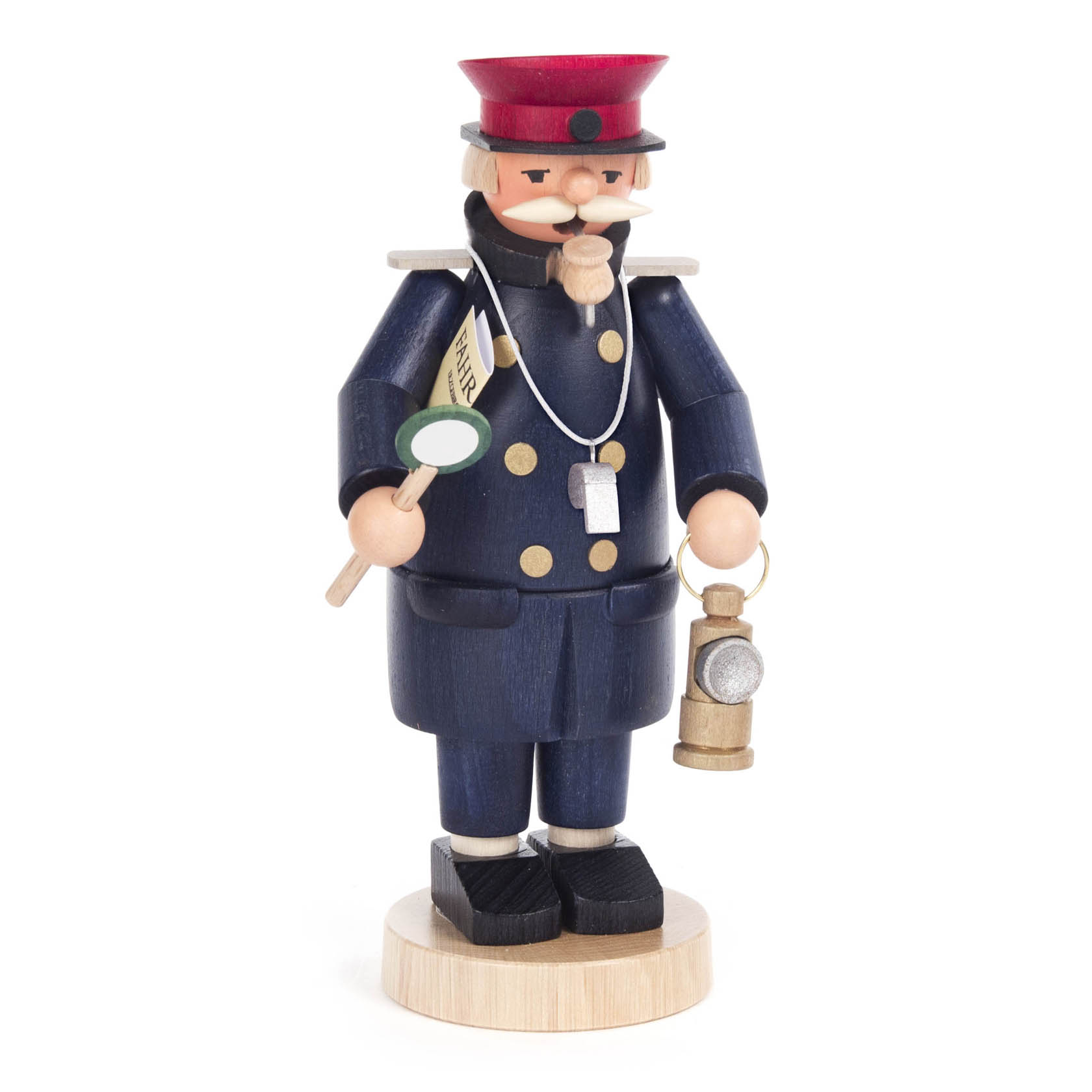 Ein traditioneller Räuchermann in Form eines Eisenbahners. Er trägt eine dunkelblaue Uniform mit roten und goldenen Details, hält eine Laterne und ein Signal. im Dregeno Online Shop günstig kaufen