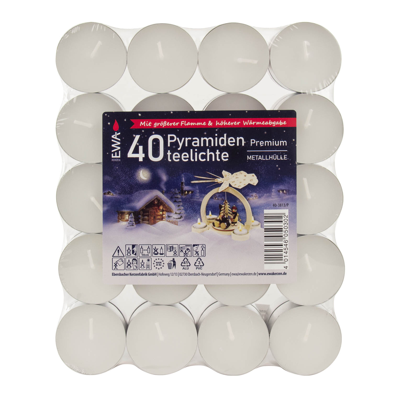 Packung mit 40 Pyramidenteelichten in Metallhülle, abgebildet mit einem winterlichen Motiv mit Schneemann und Häusern im Hintergrund. im Dregeno Online Shop günstig kaufen