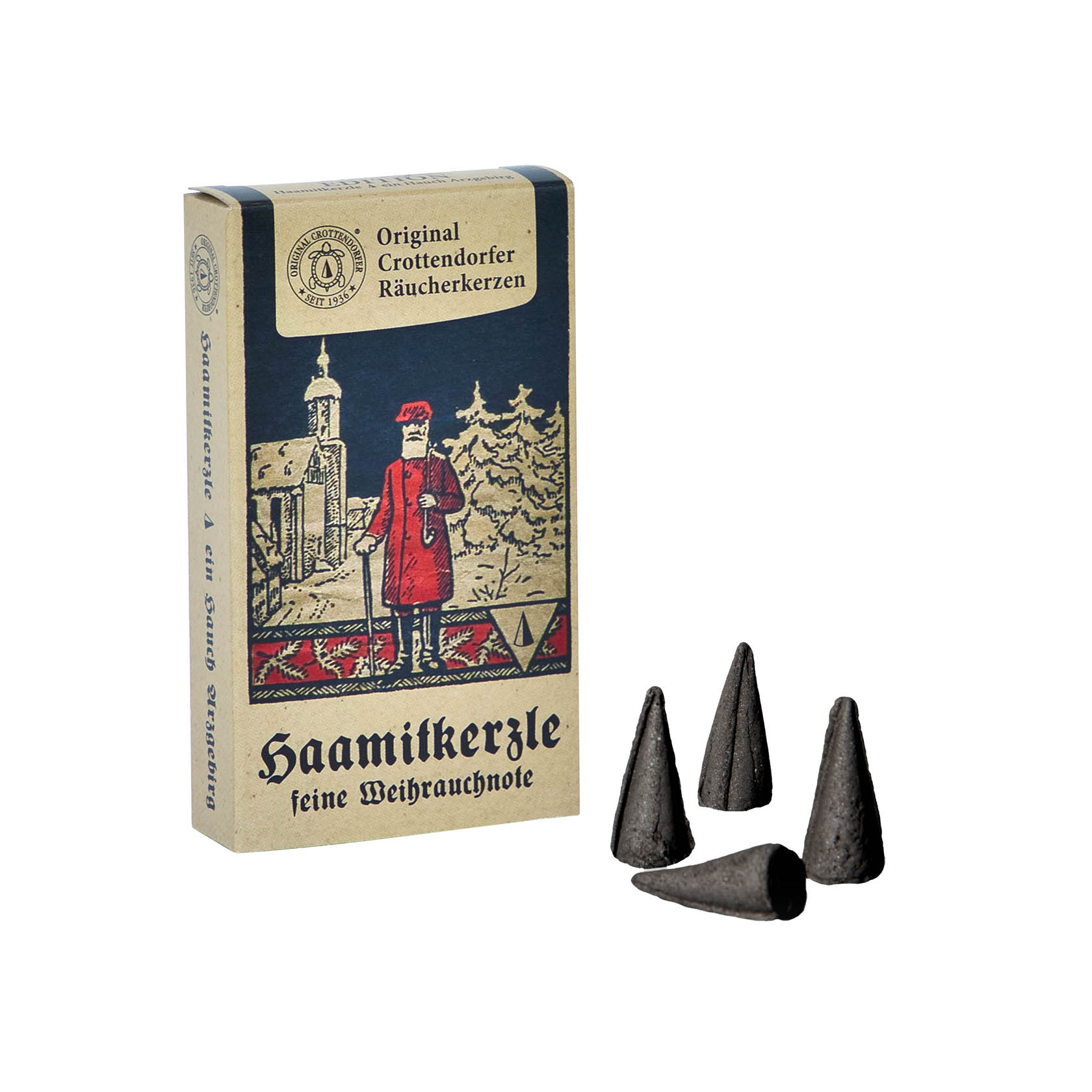 Verpackung von Original Crottendorfer Räucherkerzen aus der Nostalgie Edition 'Hamitkerzle' und mehrere schwarze Räucherkerzenkegel, von denen einer raucht. im Dregeno Online Shop günstig kaufen
