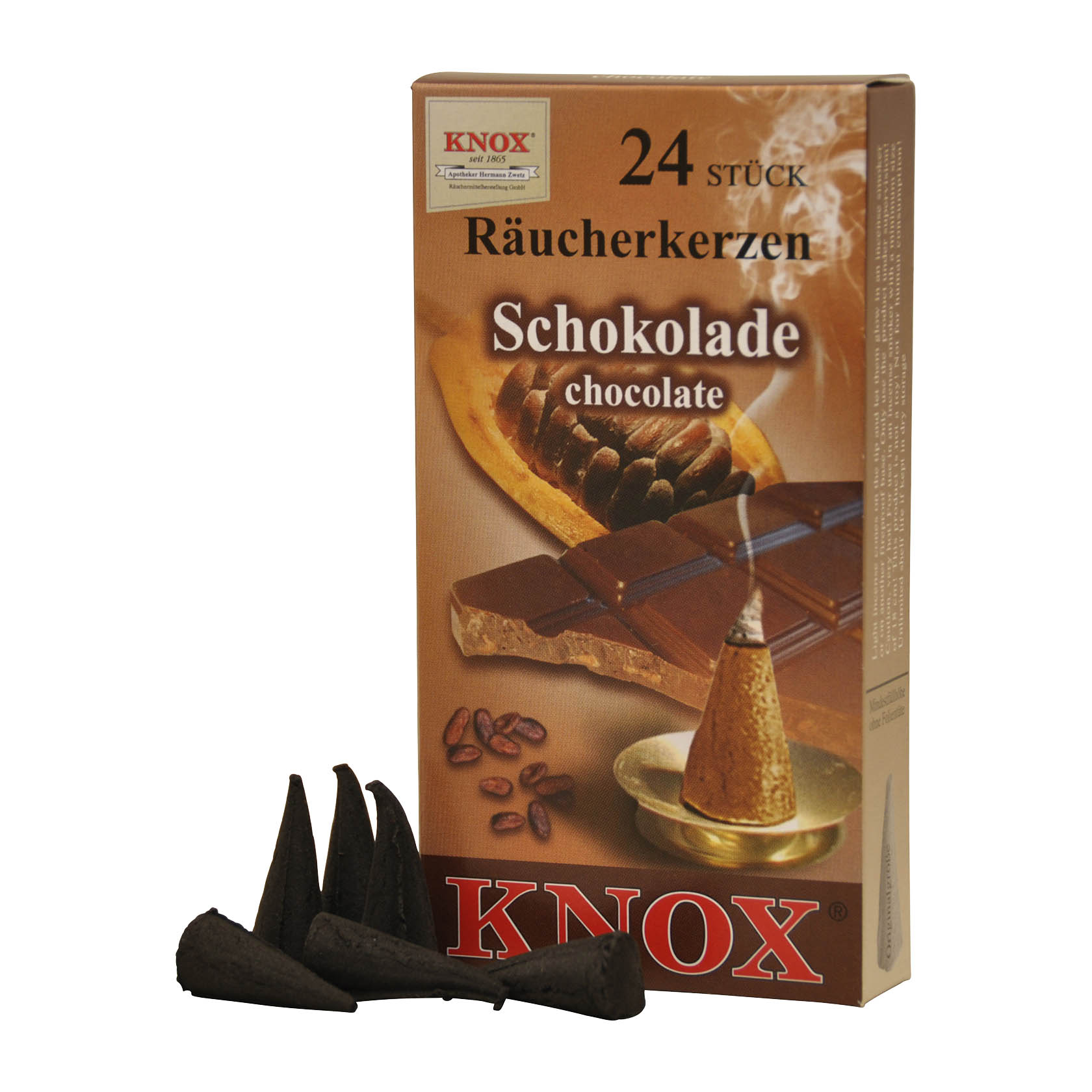 A pack of KNOX chocolate incense cones with visible dark chocolate and cocoa beans on the packaging and four cone-shaped incense pieces. im Dregeno Online Shop günstig kaufen