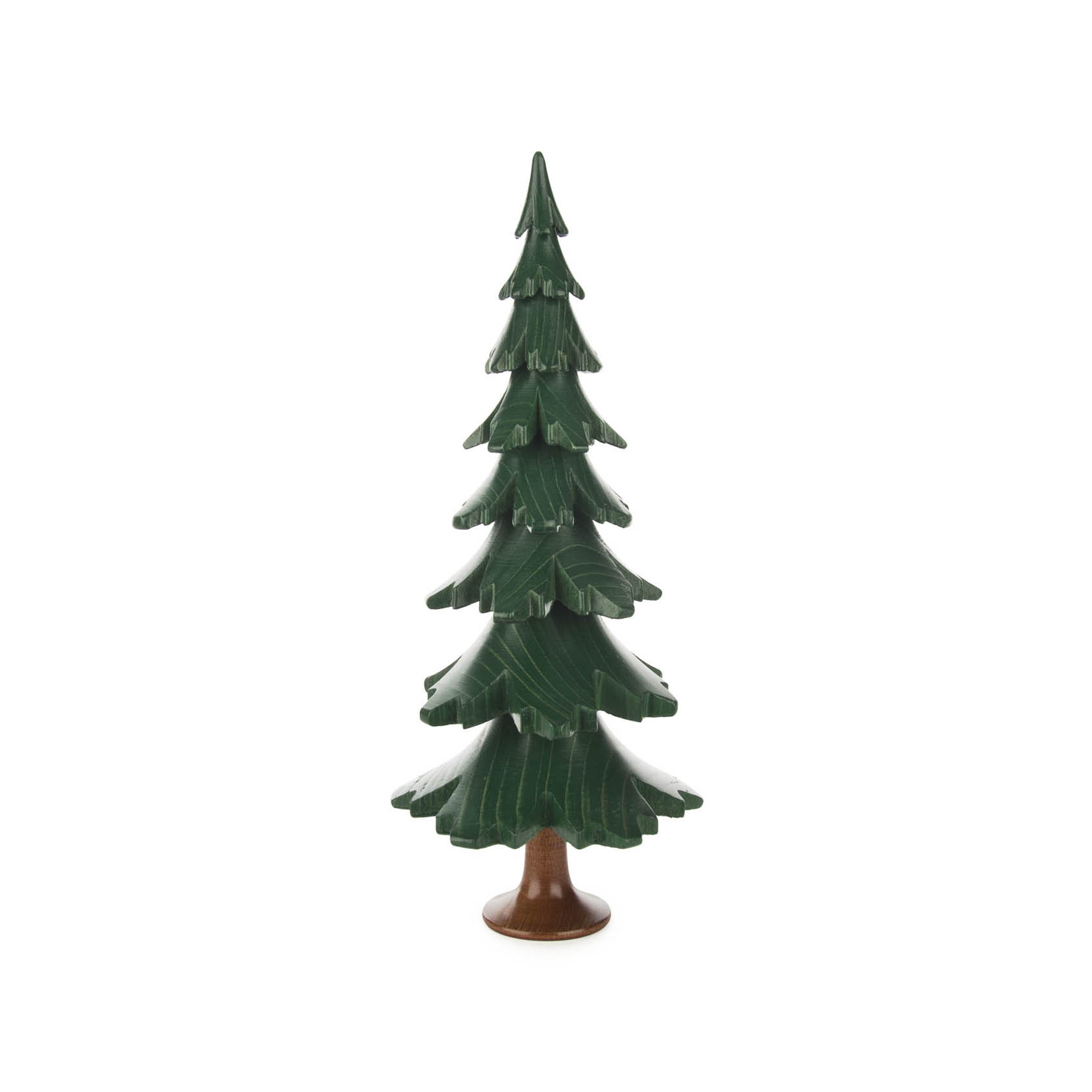 Ein 24,5 cm hoher grüner, lasierter Tannenbaum aus Massivholz mit detaillierten Zweigen und braunem Stamm. im Dregeno Online Shop günstig kaufen