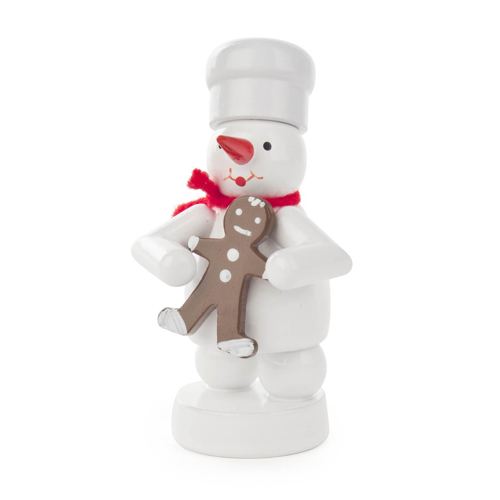 Schneemann in Weiß mit rotem Schal und Bäckermütze hält einen Lebkuchenmann. im Dregeno Online Shop günstig kaufen