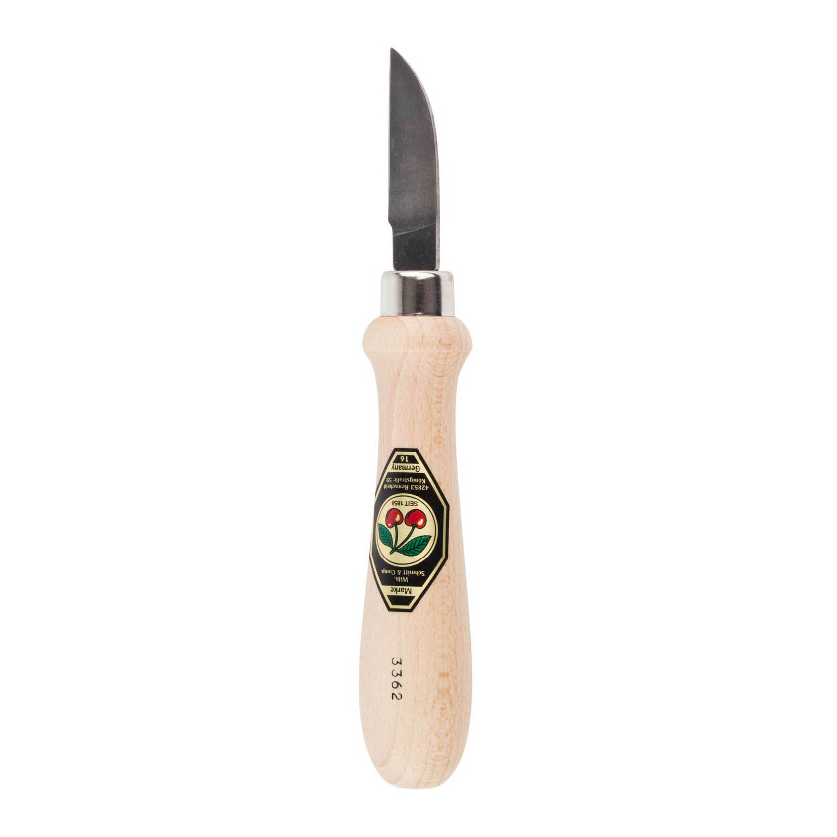 Holzschnitzmesser mit rundem Holzgriff, typisches Kirschen-Logo auf dem Griff. Die Klinge hat eine gerade Schneide und einen runden Rücken. im Dregeno Online Shop günstig kaufen