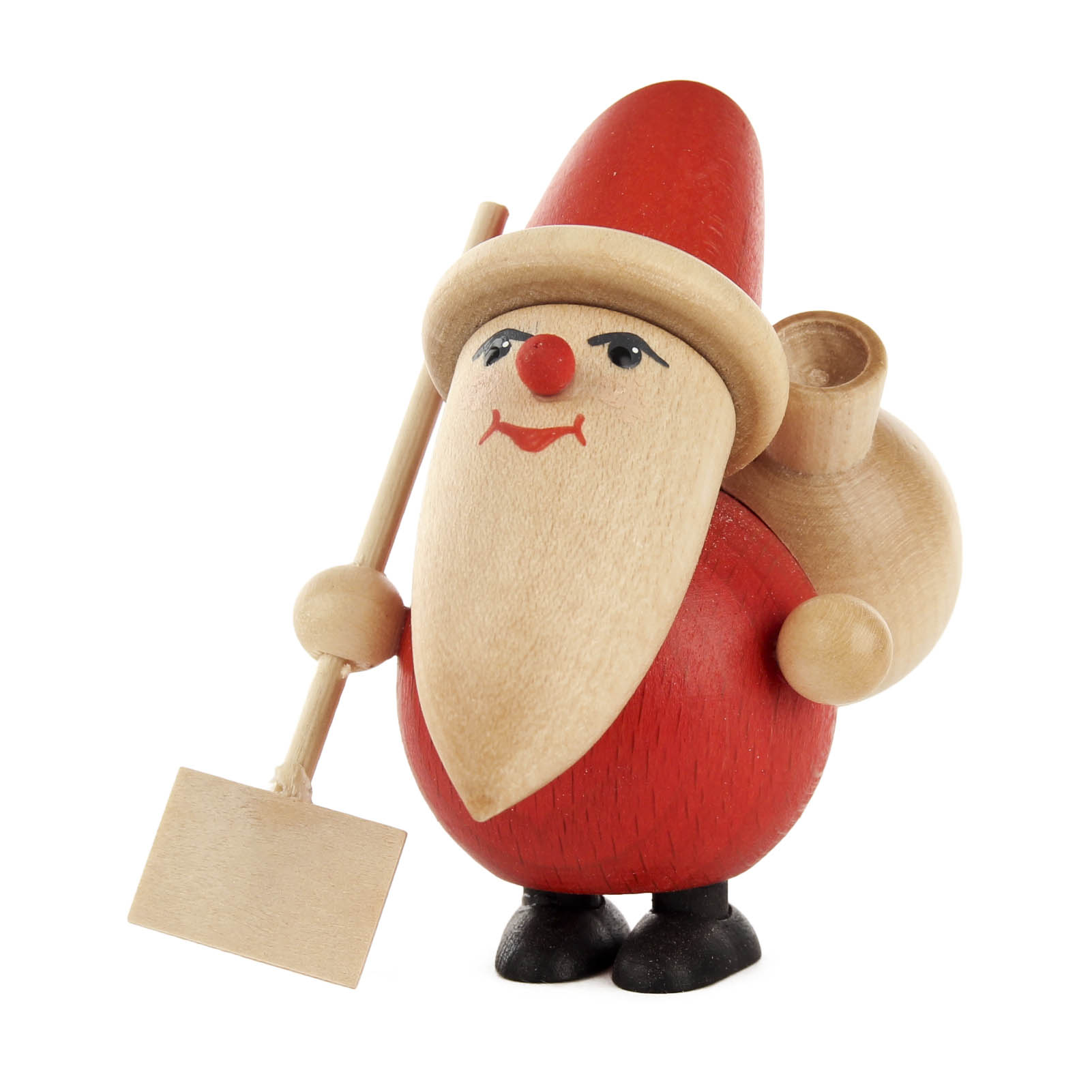 Holzfigur eines Weihnachtsmanns in roten Mantel, der eine Schneeschaufel hält und einen Sack auf dem Rücken trägt. im Dregeno Online Shop günstig kaufen