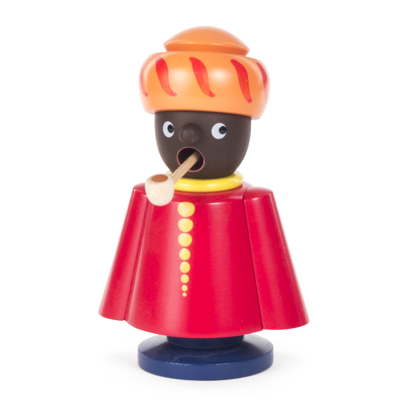 Ein traditioneller Räuchermann in Form eines Mohrs mit rotem Umhang und orangem Turban. Der Figur hält eine kleine Pfeife. im Dregeno Online Shop günstig kaufen