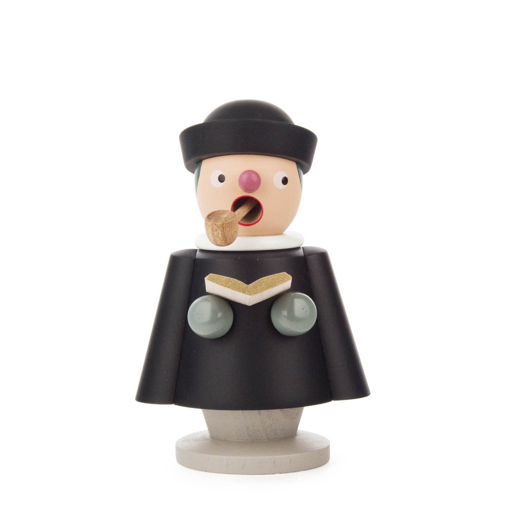 Ein Räuchermann in der Form eines Kurrendesängers, der ein Buch hält und eine Pfeife im Mund hat. Er trägt traditionelle, schwarze Kleidung und einen Hut. im Dregeno Online Shop günstig kaufen