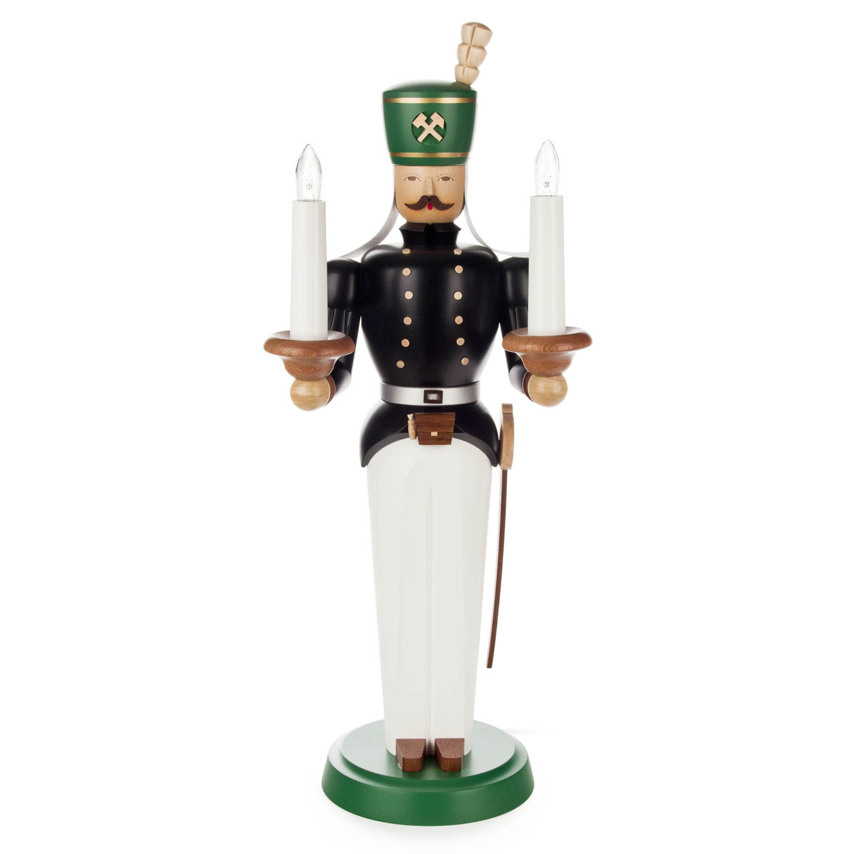 Elektrisch beleuchtete Bergmannfigur aus Holz mit Kerzenhaltern in den Händen, in grüner und schwarzer Kleidung, etwa 40 cm hoch.