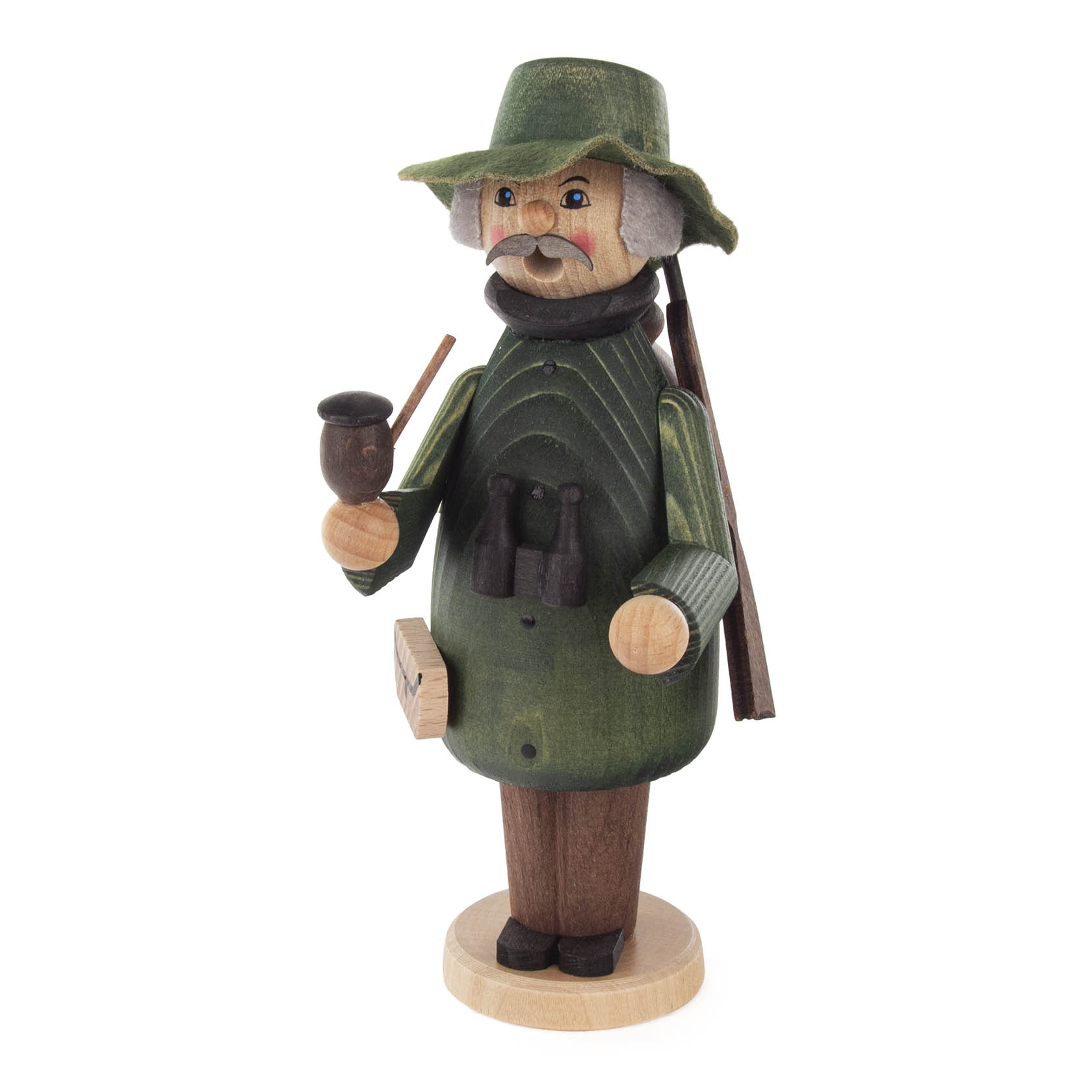 Holzfigur eines Jägers namens Räuchermann, in grüner Kleidung mit Pfeife und Gewehr, auf einem Holzsockel stehend. im Dregeno Online Shop günstig kaufen