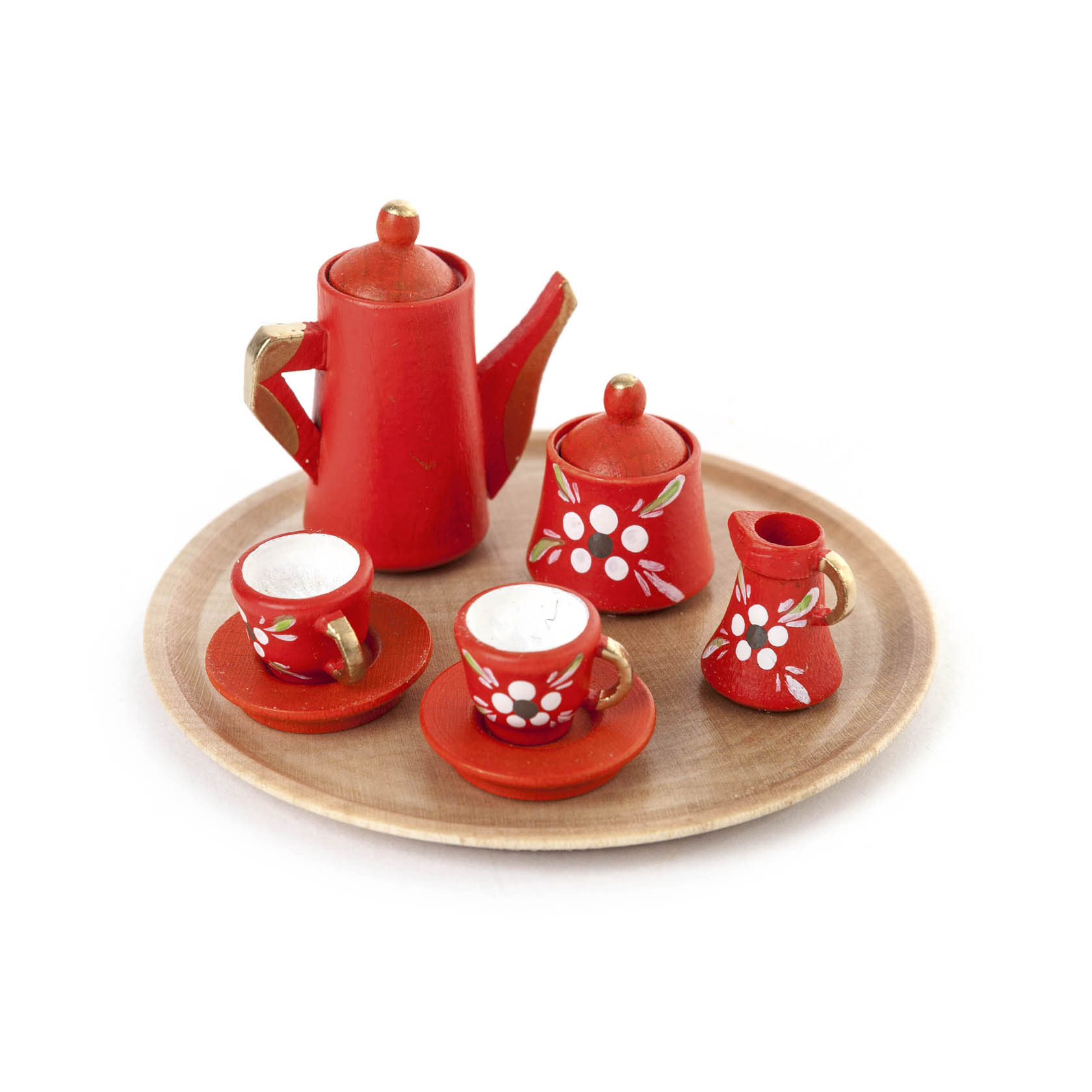 Rotes Mini-Kaffeeservice auf einem Tablett: Kaffeekanne, Zuckerdose, Milchkännchen und zwei Tassen mit weißen Blumenmotiven. im Dregeno Online Shop günstig kaufen