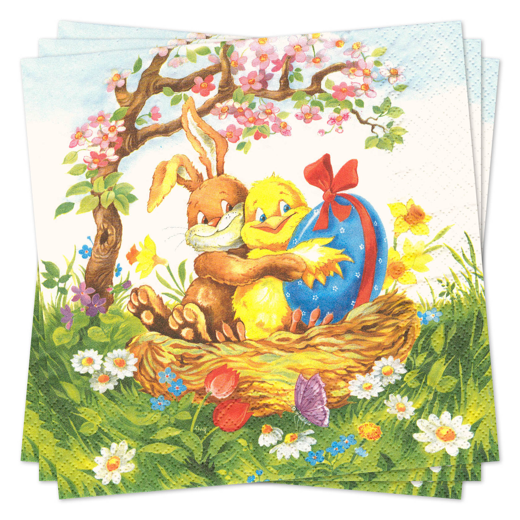 Illustration eines Hasen und eines Kükens in einem Nest, umgeben von bunten Eiern und Blumen, mit einem großen Osterei und einem blühenden Baum im Hintergrund. im Dregeno Online Shop günstig kaufen