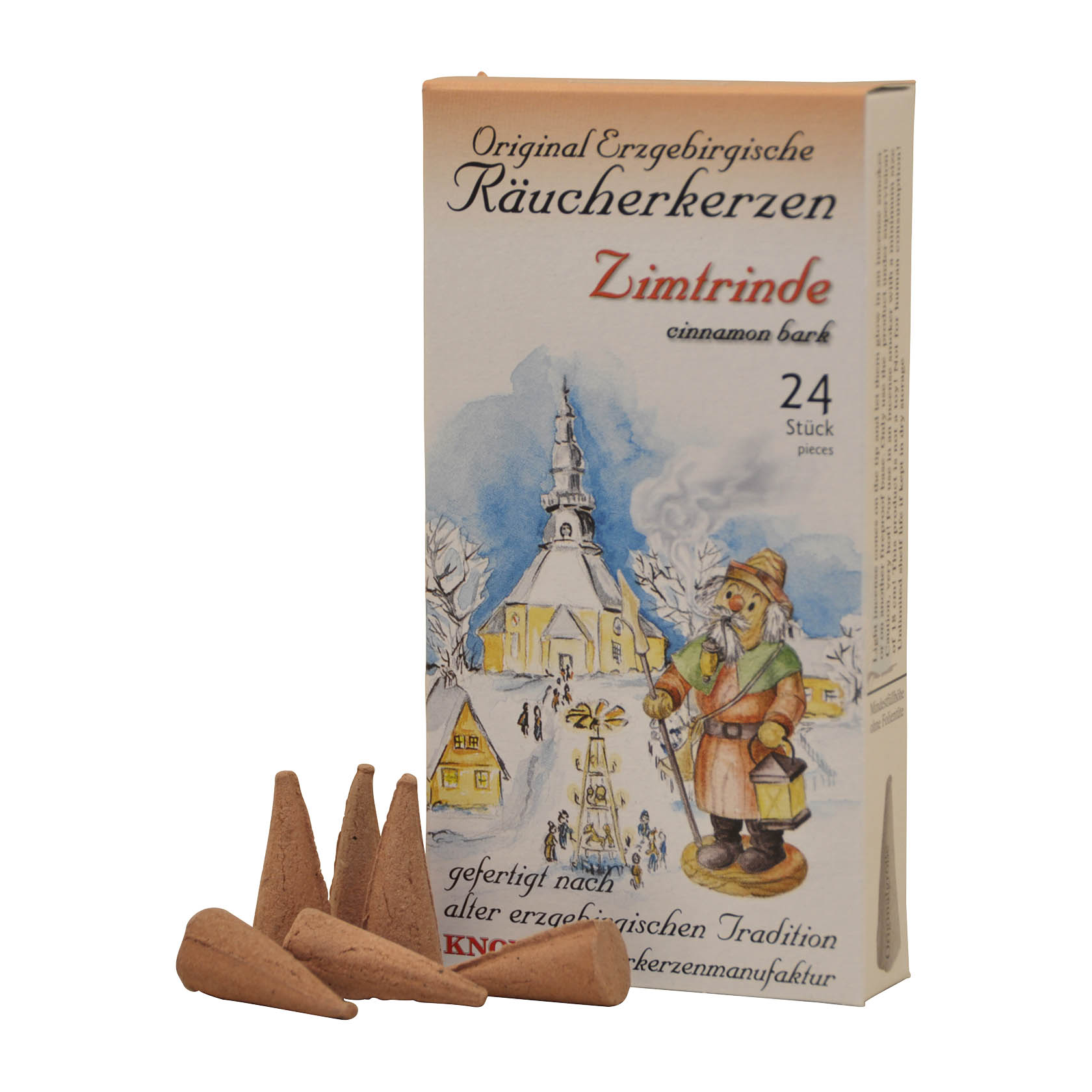 Verpackung und einzelne KNOX Räucherkerzen in Kegelform mit der Aufschrift 'Original Erzgebirgische Räucherkerzen Zimtrinde'. im Dregeno Online Shop günstig kaufen