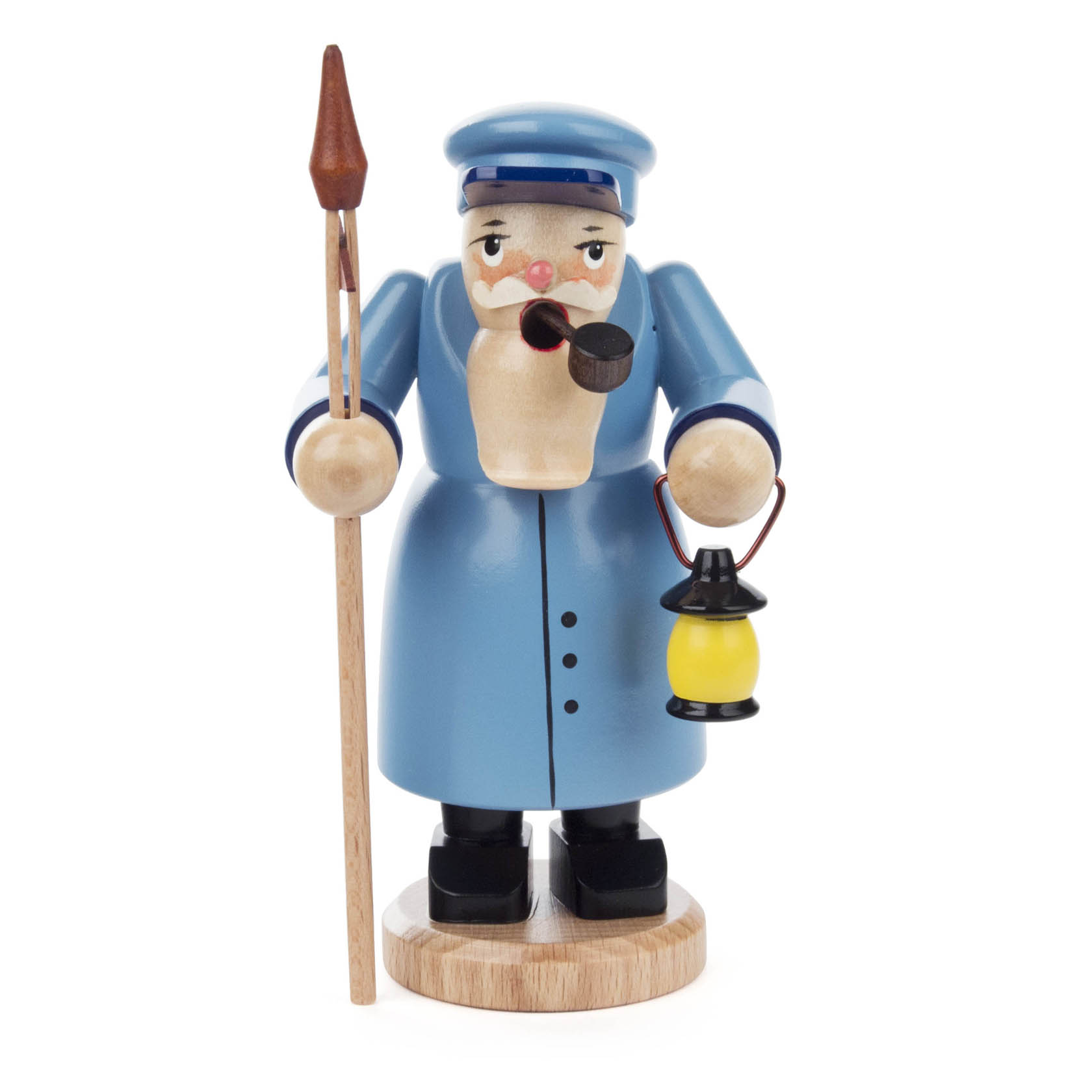 Miniature incense smoker figure of a blue night watchman holding a lantern and a spear, with a pipe in his mouth.