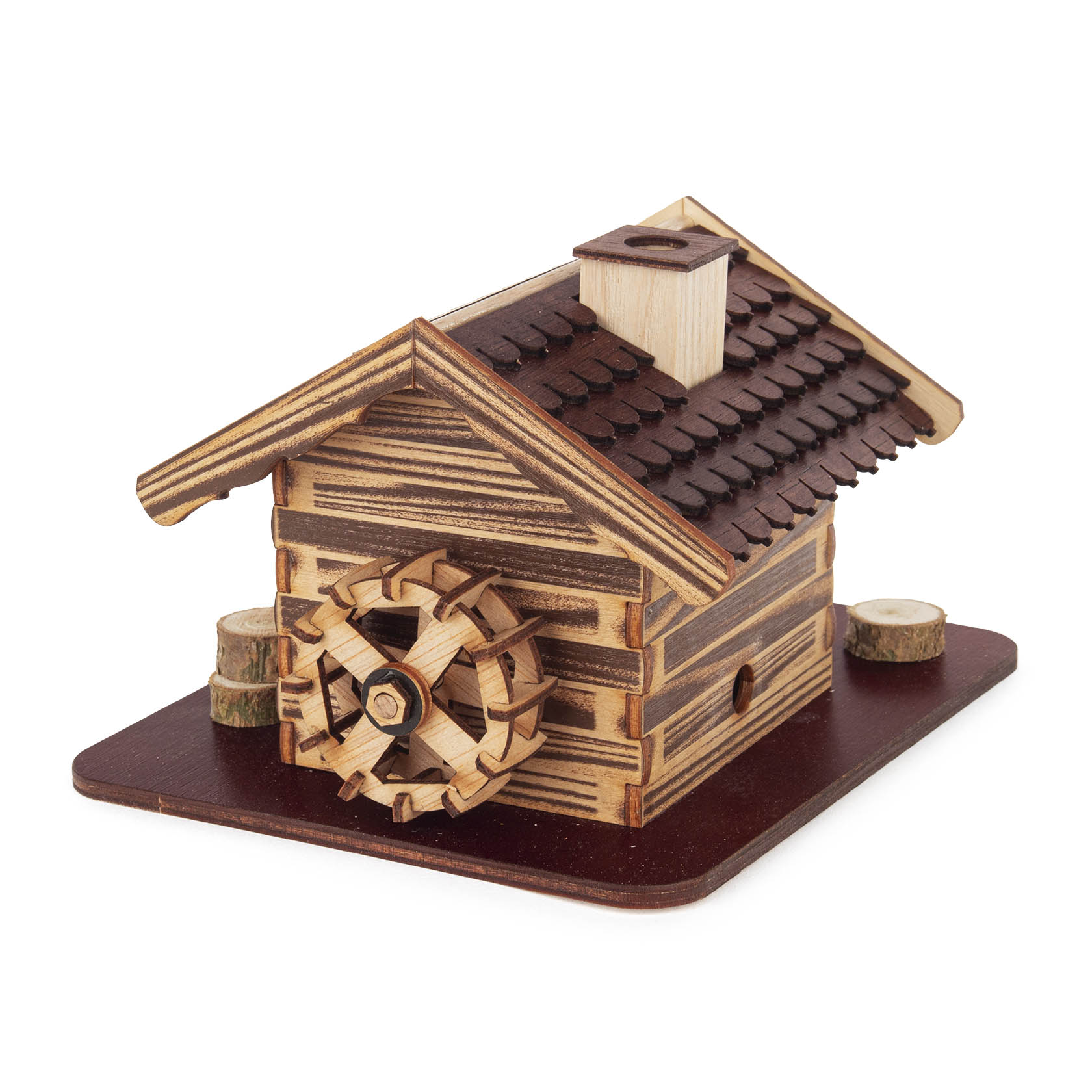 Wooden smoker house depicting a traditional toy-making workshop with a toy merchant. It has a small chimney and intricate detailing, placed on a base.