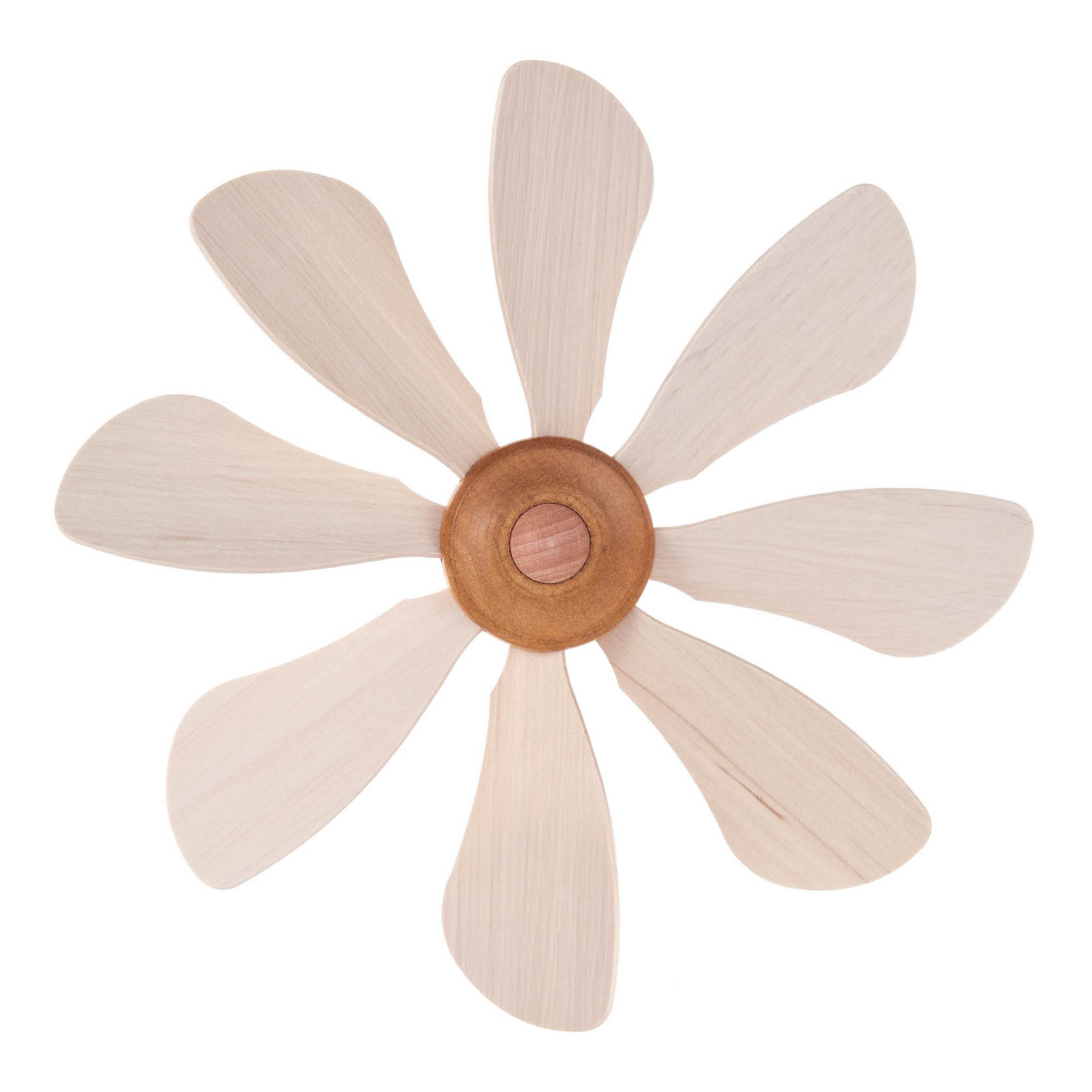 Ein Holzkreisel mit acht gleichmäßig verteilten flachen Blättern in einfacher Form und einer mittigen runden Befestigung mit Bohrung. im Dregeno Online Shop günstig kaufen