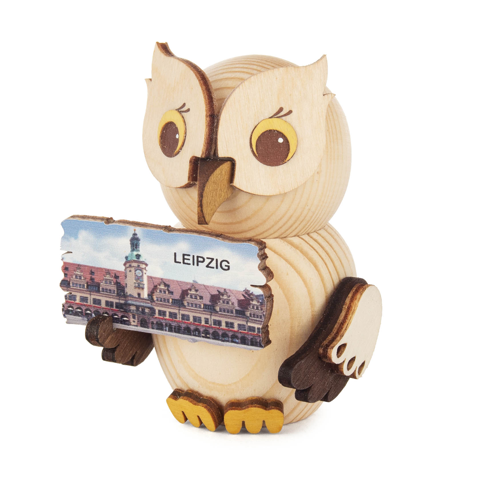 Holzeule mit einem Schild, auf dem 'Leipzig' und ein Bild des alten Rathauses von Leipzig abgebildet sind. im Dregeno Online Shop günstig kaufen