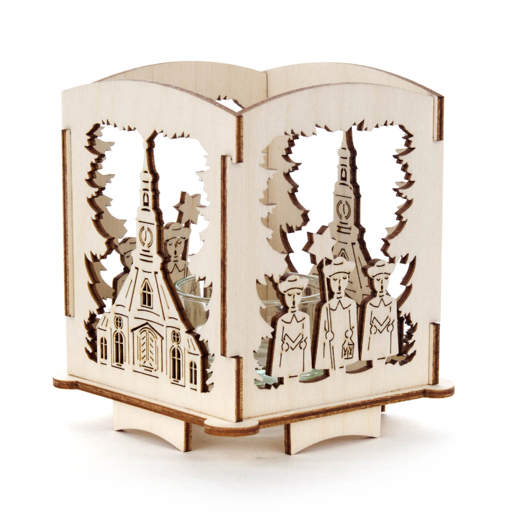 Holzteelichthalter mit Seiffener Kirche und drei Kurrendesängern in traditionellen Gewändern. im Dregeno Online Shop günstig kaufen