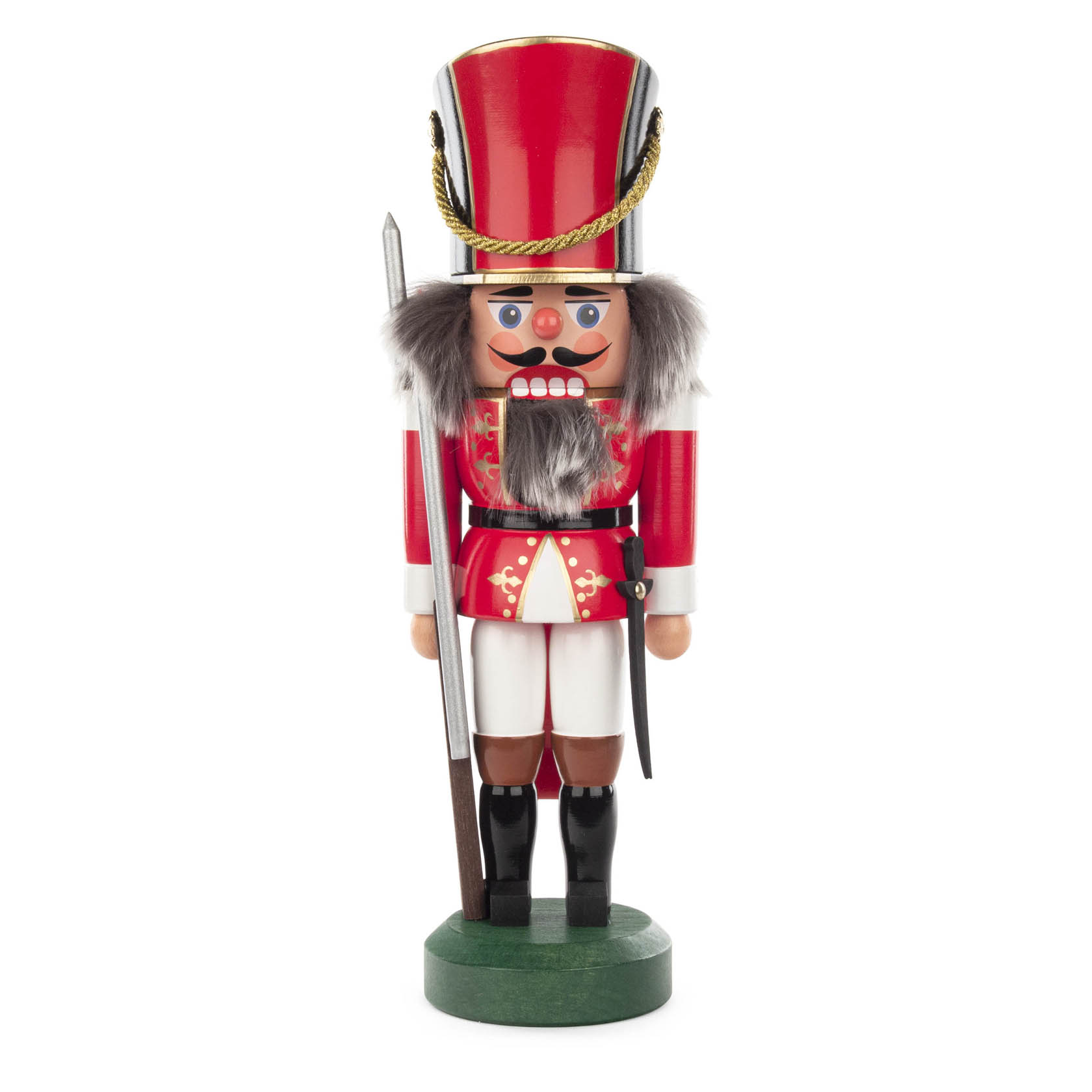 Ein traditioneller Nussknacker in Form eines Soldaten, 30 cm hoch, in roter Uniform mit schwarzem Hut und goldenen Details. im Dregeno Online Shop günstig kaufen