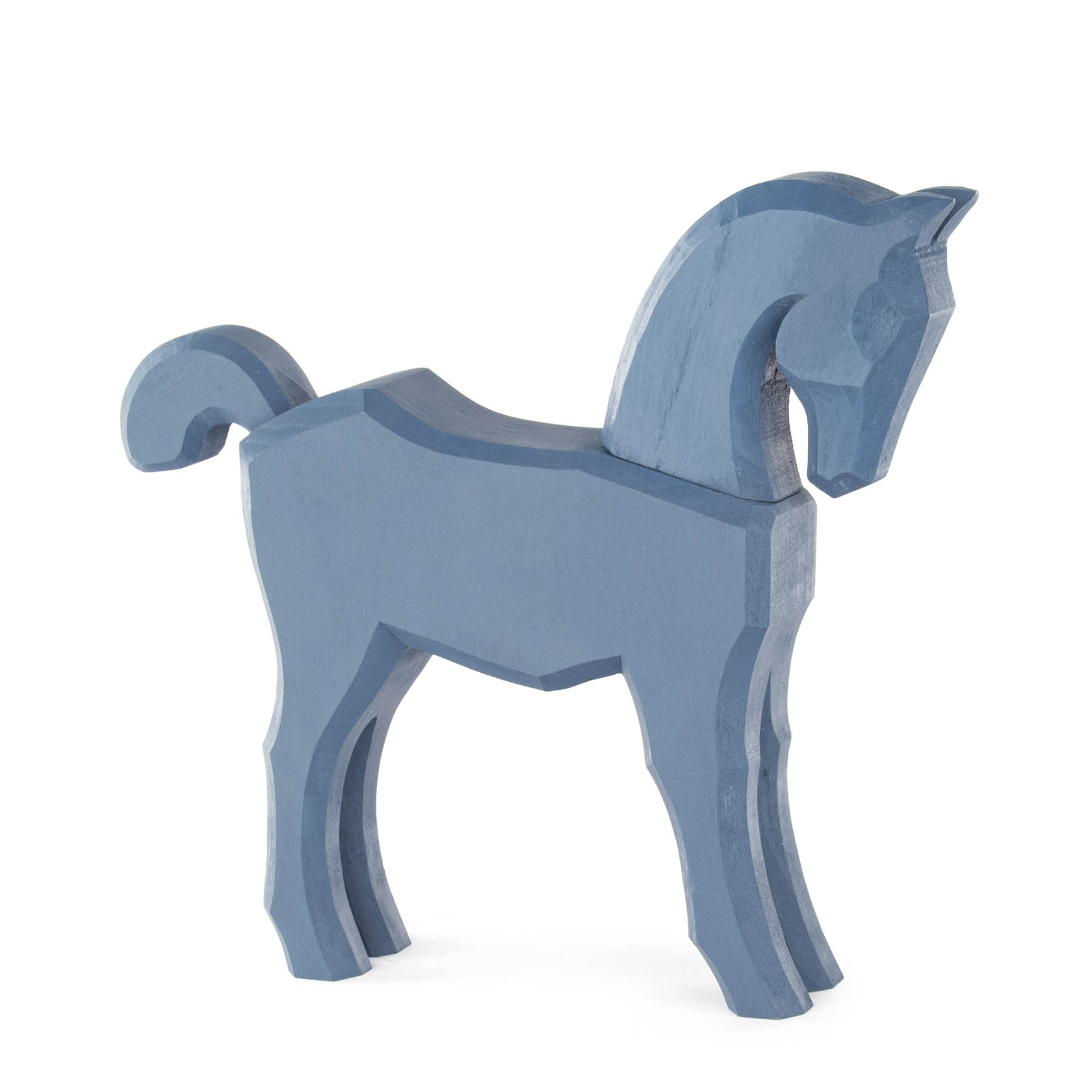 A blue wooden toy horse without a mane, standing with a simplified, geometric design. im Dregeno Online Shop günstig kaufen