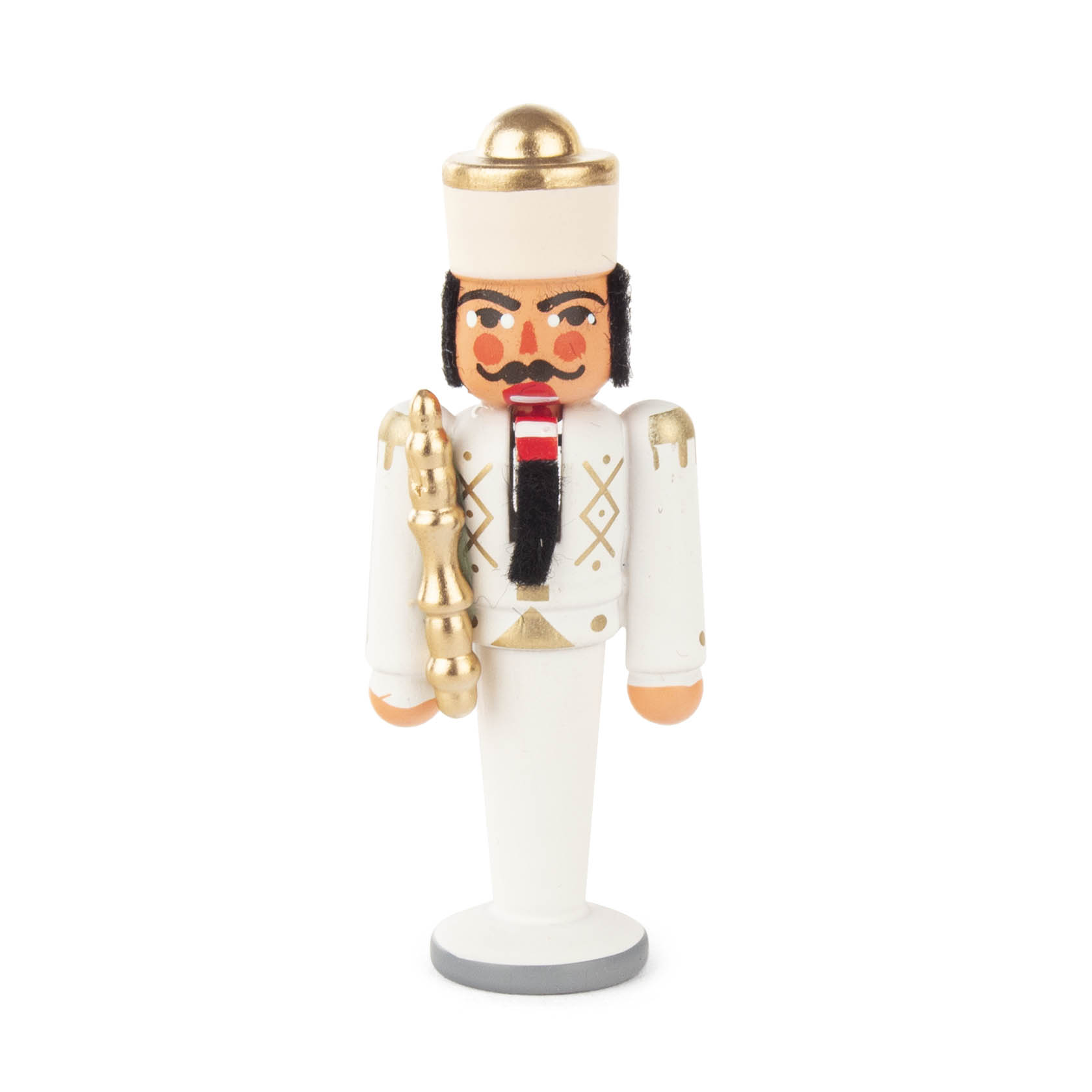Ein Mini-Nussknacker in Form eines Königs, gekleidet in einem weißen Anzug mit goldenen Verzierungen und einer goldenen Krone. Er hält eine goldene Keule. im Dregeno Online Shop günstig kaufen