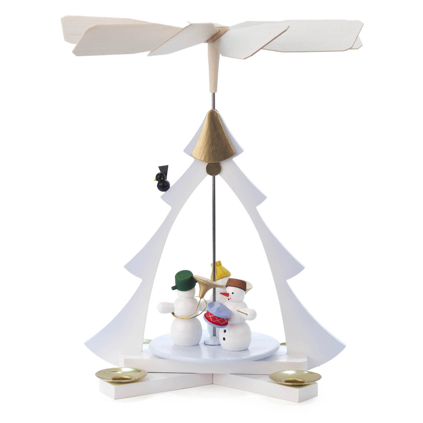 A wooden pyramid candle holder featuring colorful snowmen figures under a tree structure with a propeller on top.