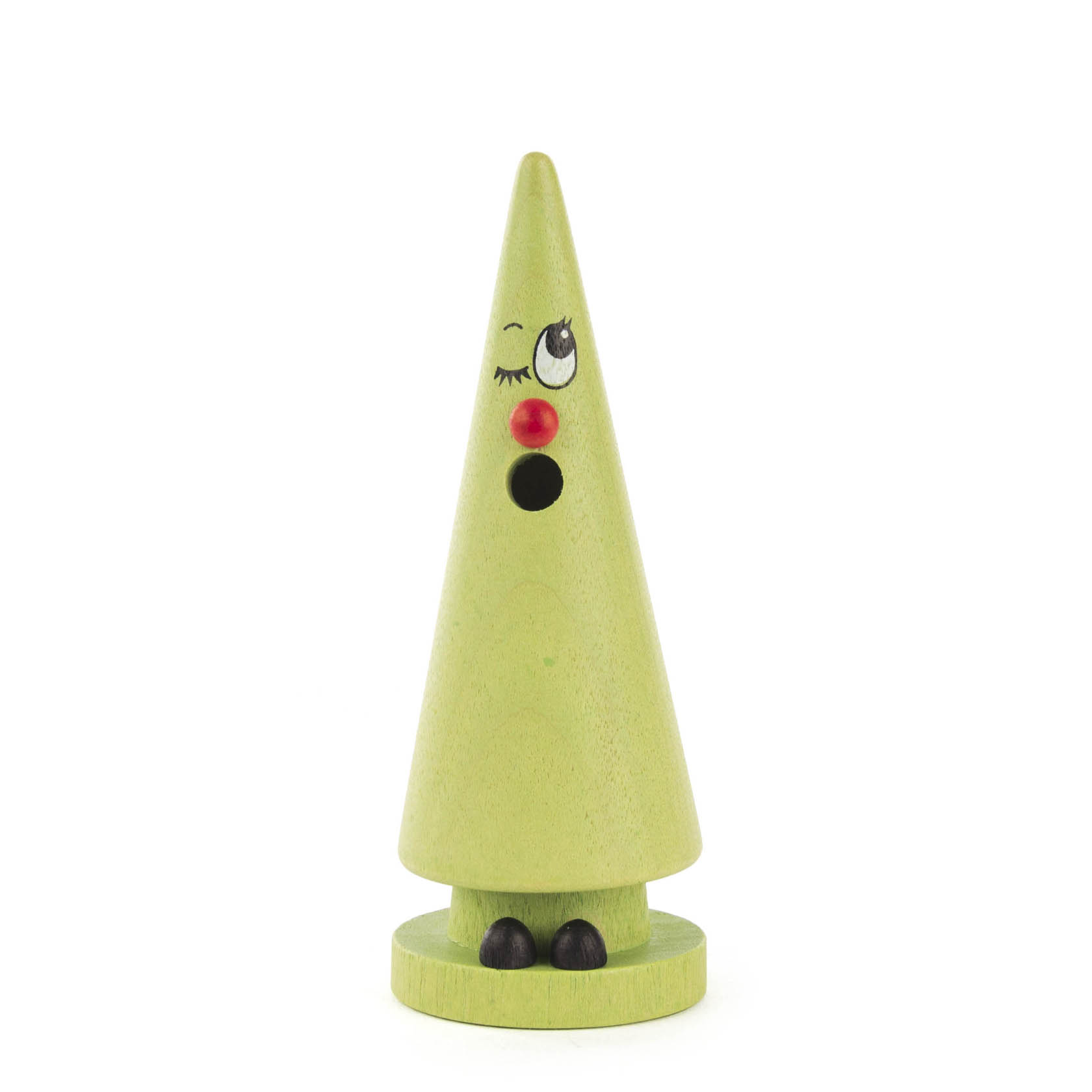 Grüne, zapfenförmige Räucherfigur mit aufgemaltem Gesicht und roter Nase, namens 'Wilma Waldmoos'. Sie hat kleine schwarze Füße und ein Zwinkern im Auge. im Dregeno Online Shop günstig kaufen
